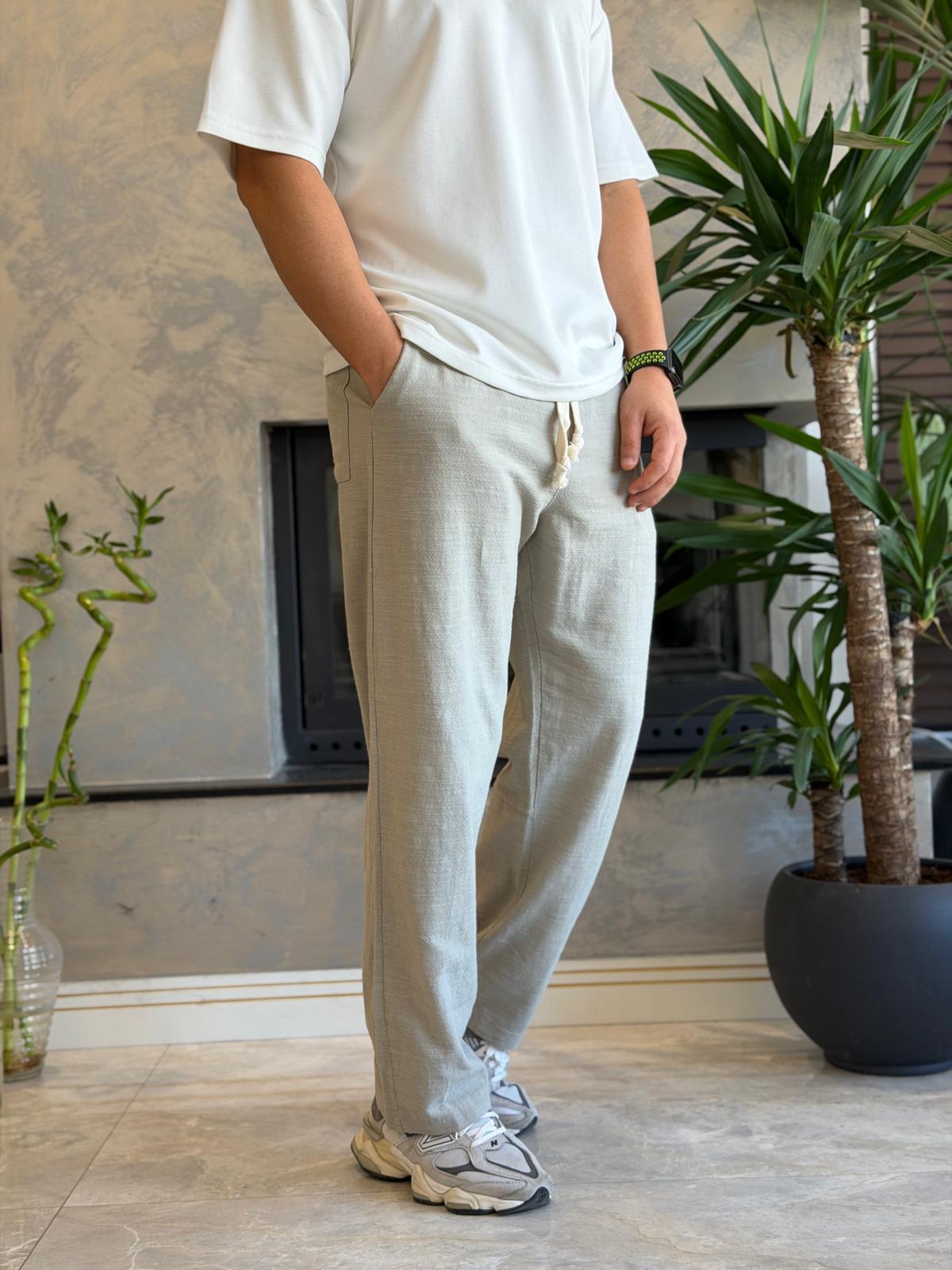 Erkek Relaxed Fit Beli Lastik ve Bağcıklı Keten Pantolon Haki Eca062