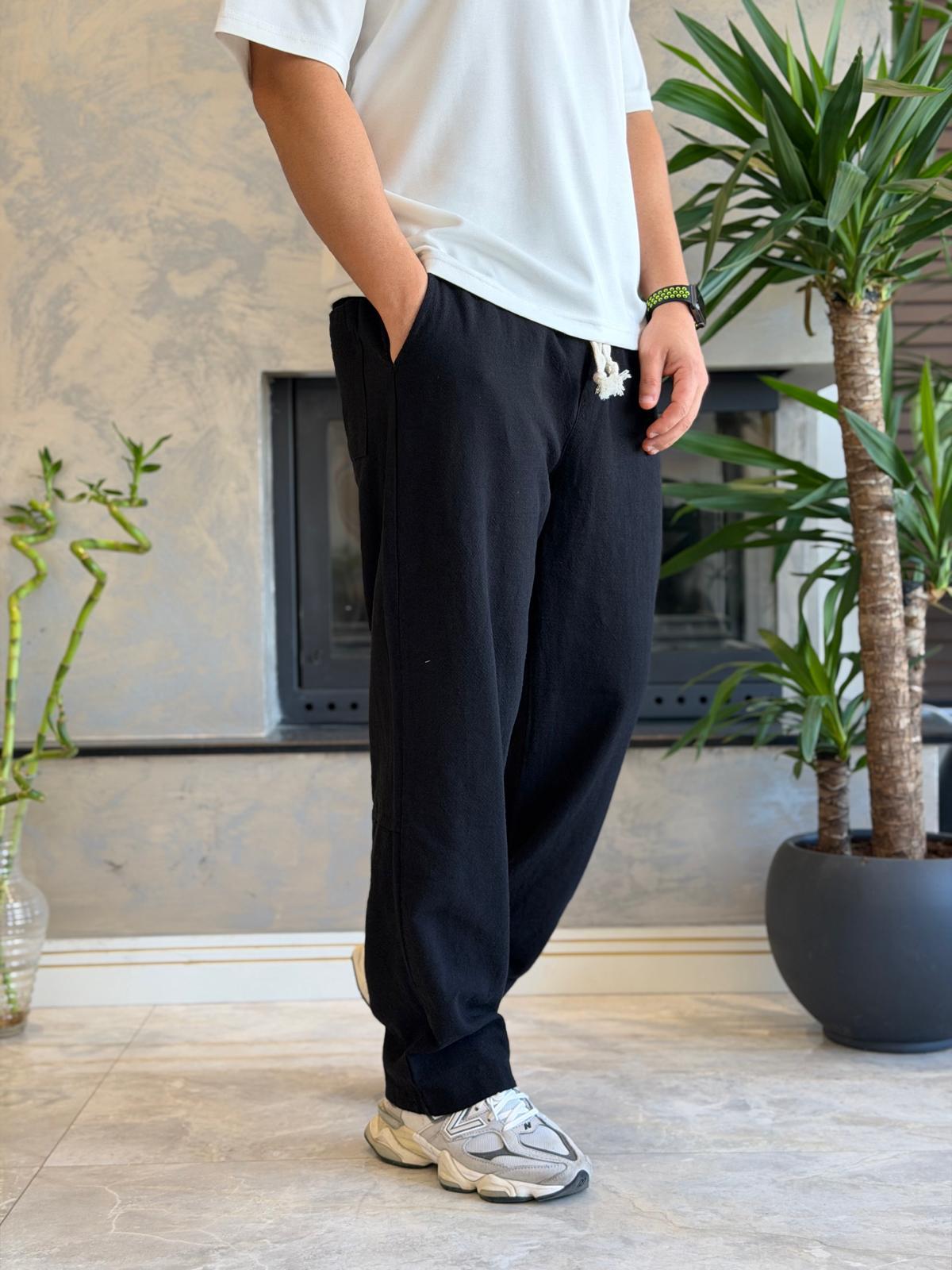 Erkek Relaxed Fit Beli Lastik ve Bağcıklı Keten Pantolon Siyah Eca062