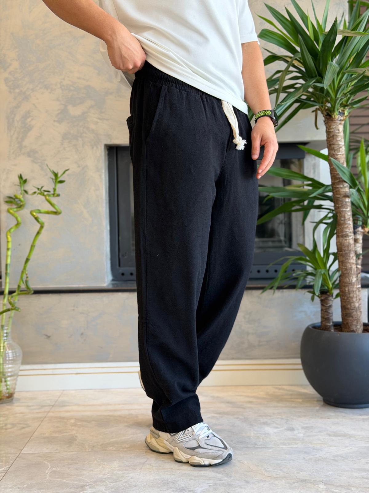 Erkek Relaxed Fit Beli Lastik ve Bağcıklı Keten Pantolon Siyah Eca062