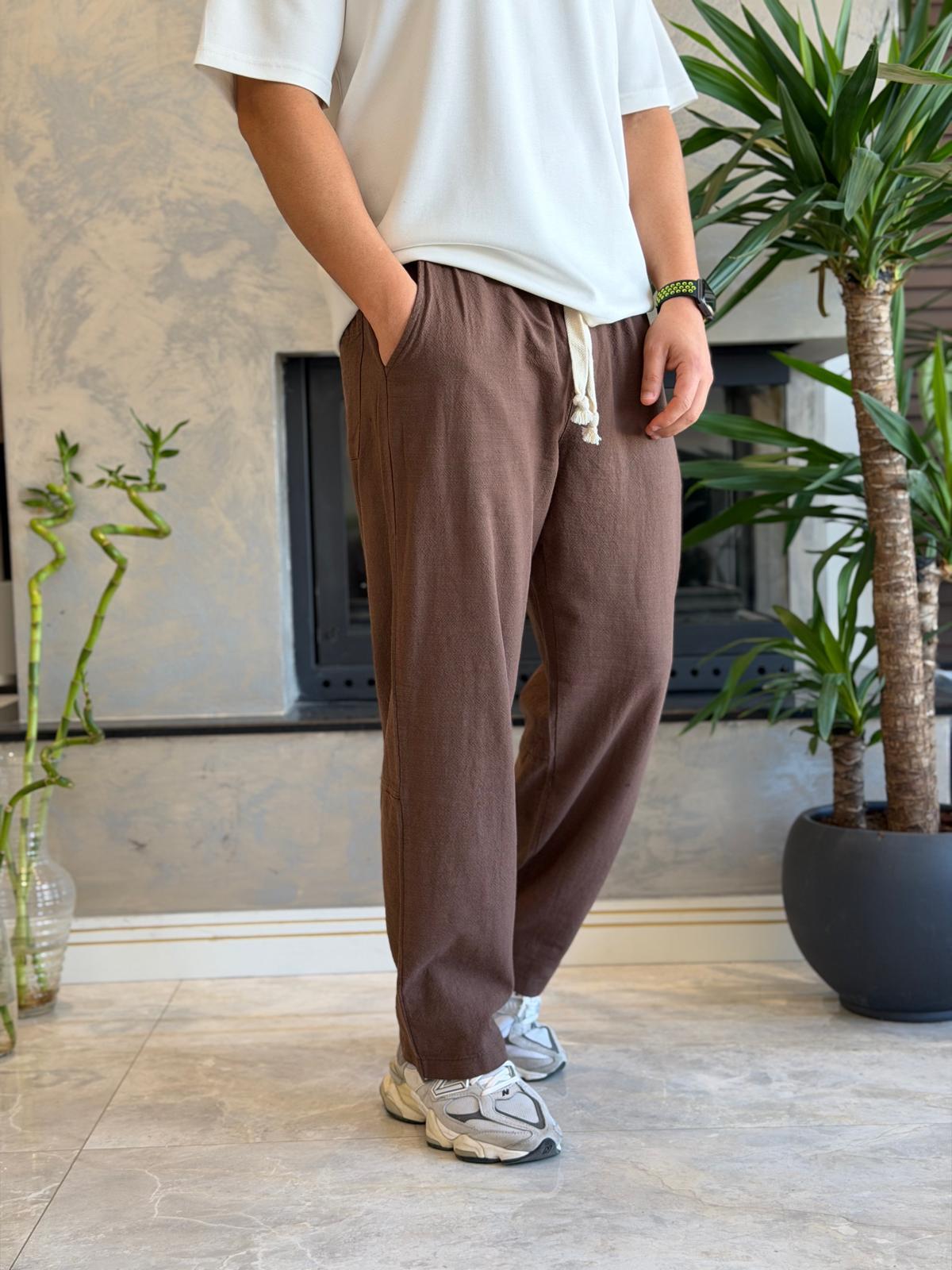 Erkek Relaxed Fit Beli Lastik ve Bağcıklı Keten Pantolon Kahverengi Eca062