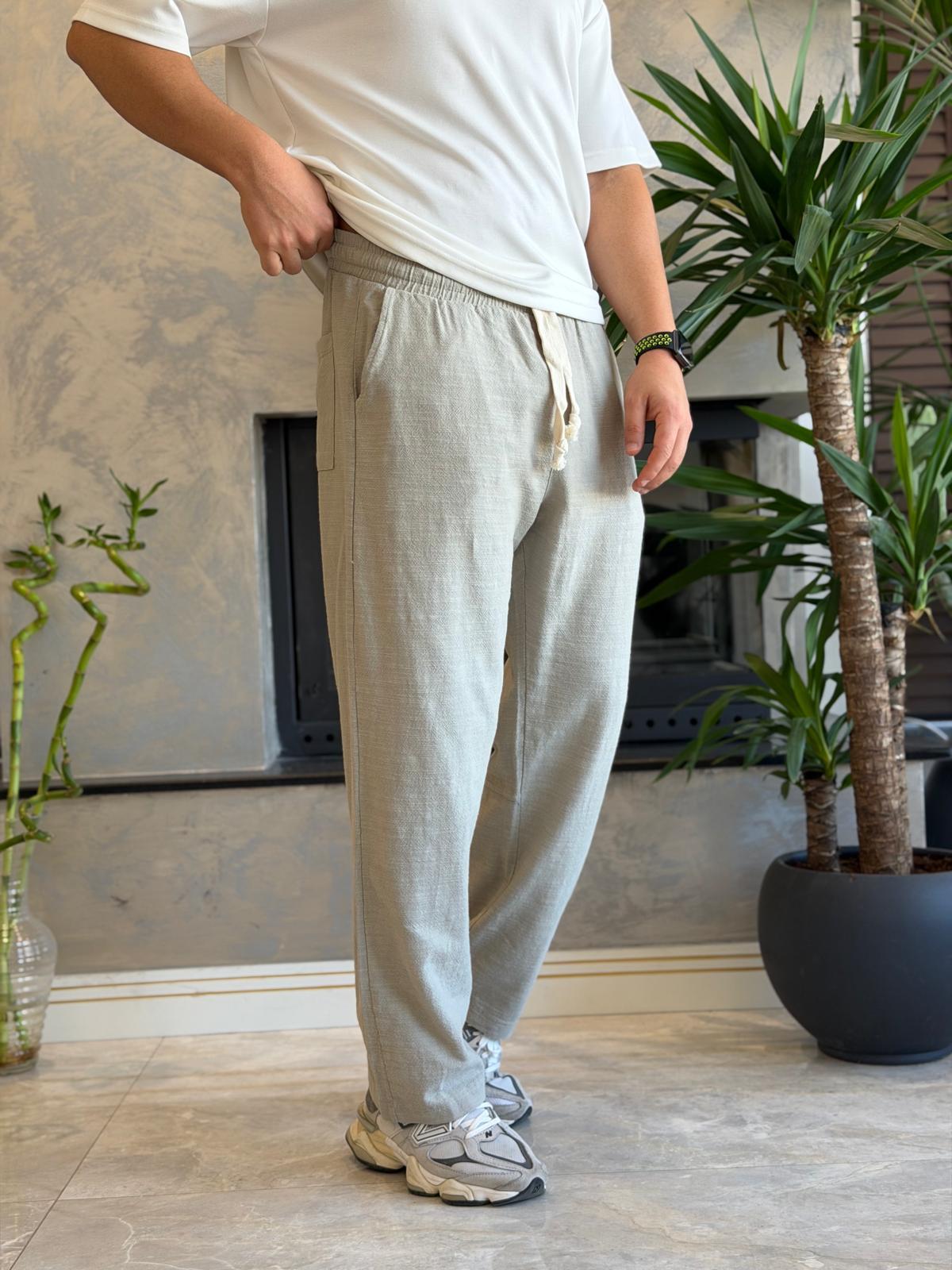 Erkek Relaxed Fit Beli Lastik ve Bağcıklı Keten Pantolon Haki Eca062