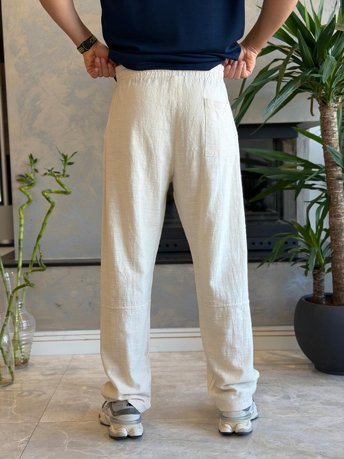 Erkek Relaxed Fit Beli Lastik ve Bağcıklı Keten Pantolon Bej Eca062