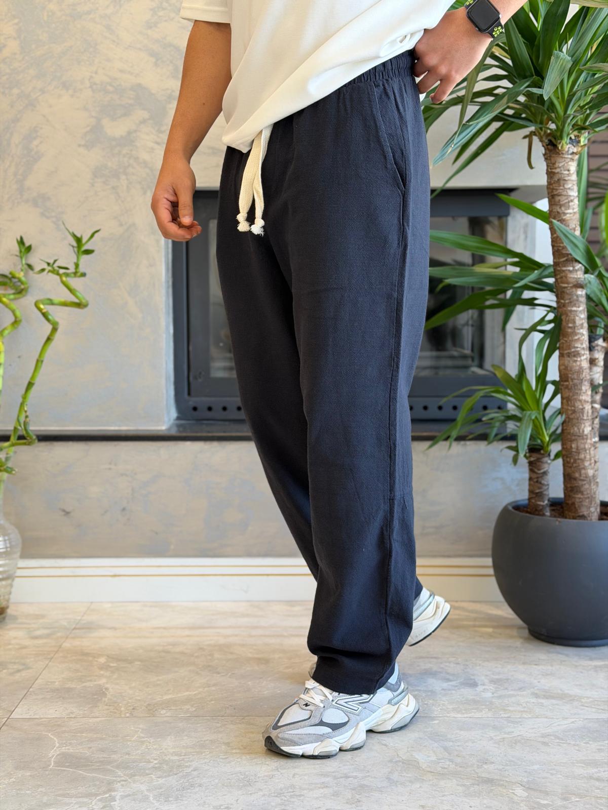 Erkek Relaxed Fit Beli Lastik ve Bağcıklı Keten Pantolon Lacivert Eca062