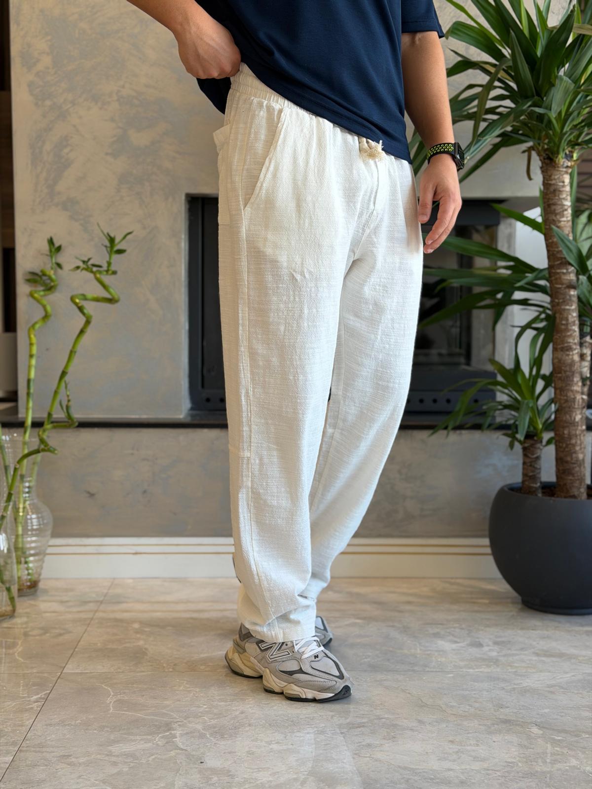 Erkek Relaxed Fit Beli Lastik ve Bağcıklı Keten Pantolon Beyaz Eca062
