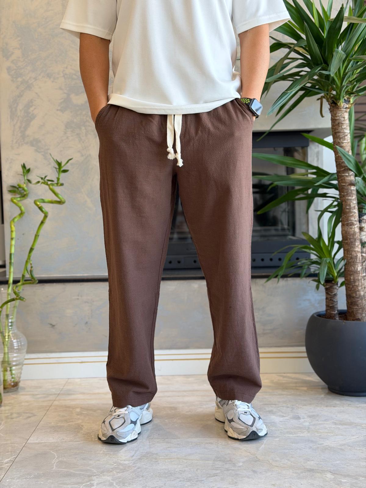 Erkek Relaxed Fit Beli Lastik ve Bağcıklı Keten Pantolon Kahverengi Eca062