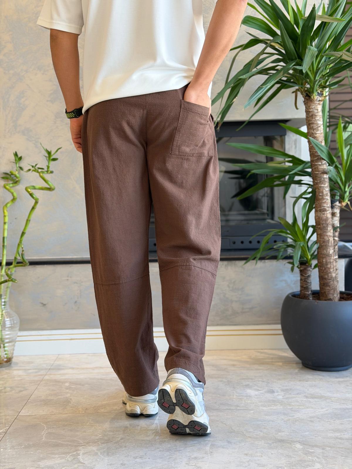 Erkek Relaxed Fit Beli Lastik ve Bağcıklı Keten Pantolon Kahverengi Eca062