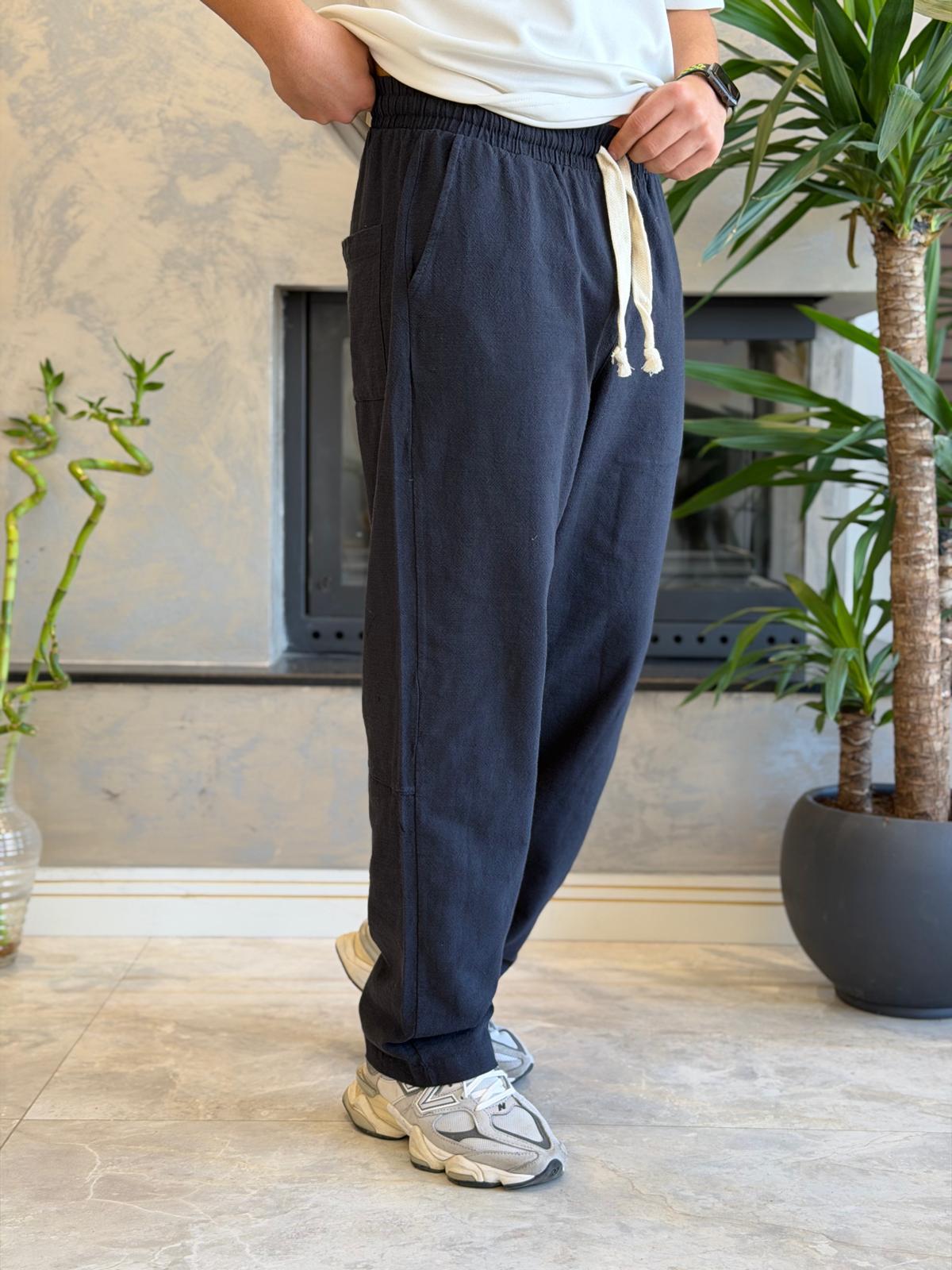 Erkek Relaxed Fit Beli Lastik ve Bağcıklı Keten Pantolon Lacivert Eca062
