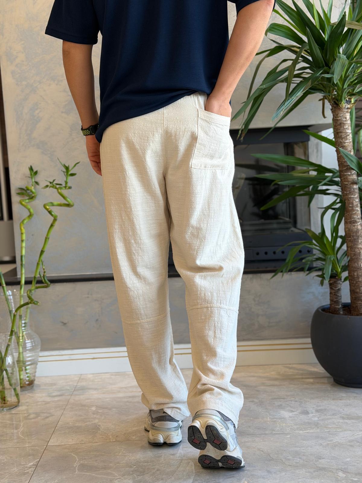 Erkek Relaxed Fit Beli Lastik ve Bağcıklı Keten Pantolon Bej Eca062