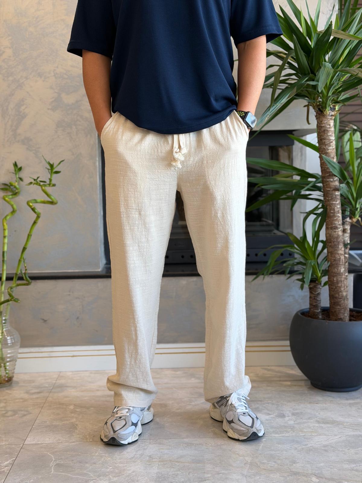 Erkek Relaxed Fit Beli Lastik ve Bağcıklı Keten Pantolon Bej Eca062