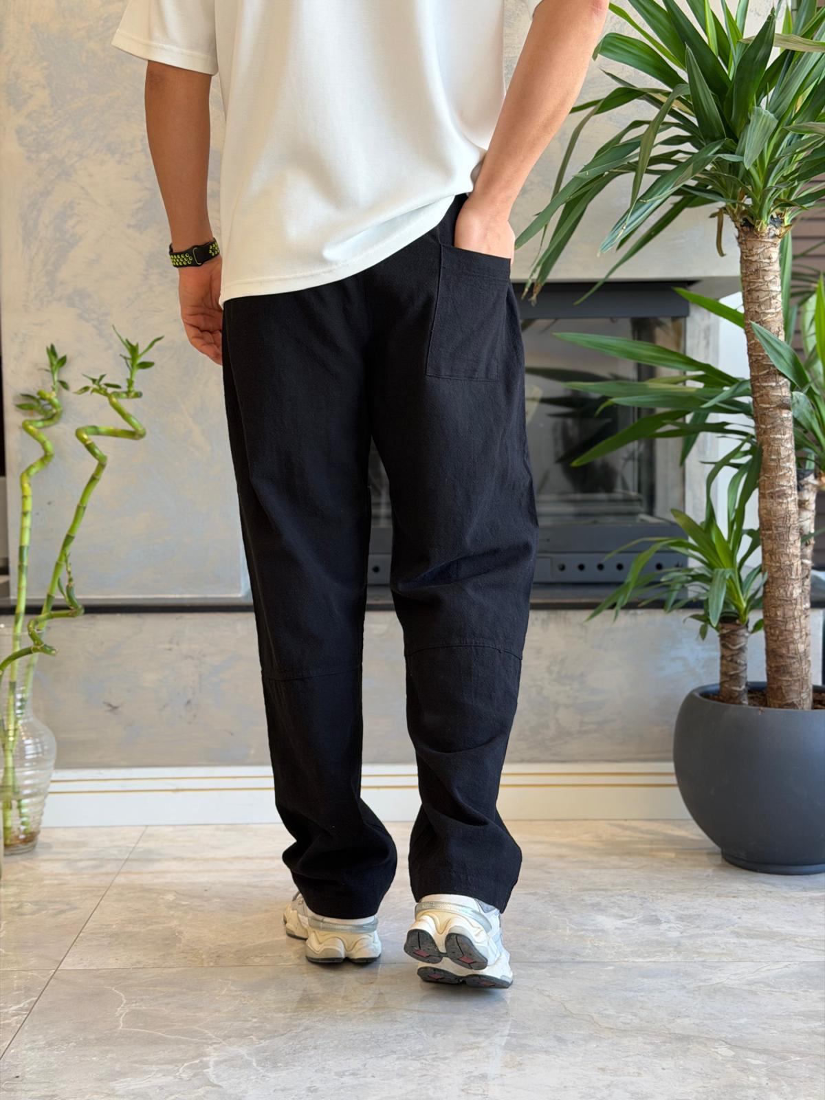Erkek Relaxed Fit Beli Lastik ve Bağcıklı Keten Pantolon Siyah Eca062