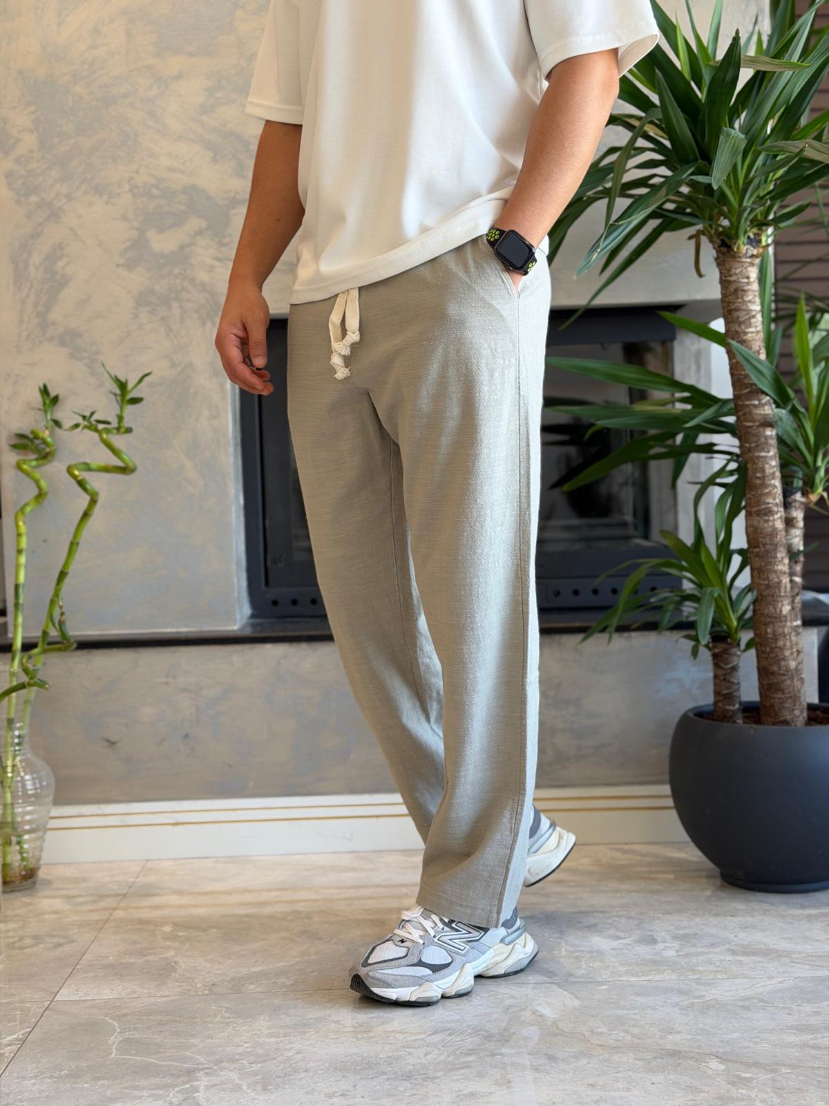 Erkek Relaxed Fit Beli Lastik ve Bağcıklı Keten Pantolon Haki Eca062