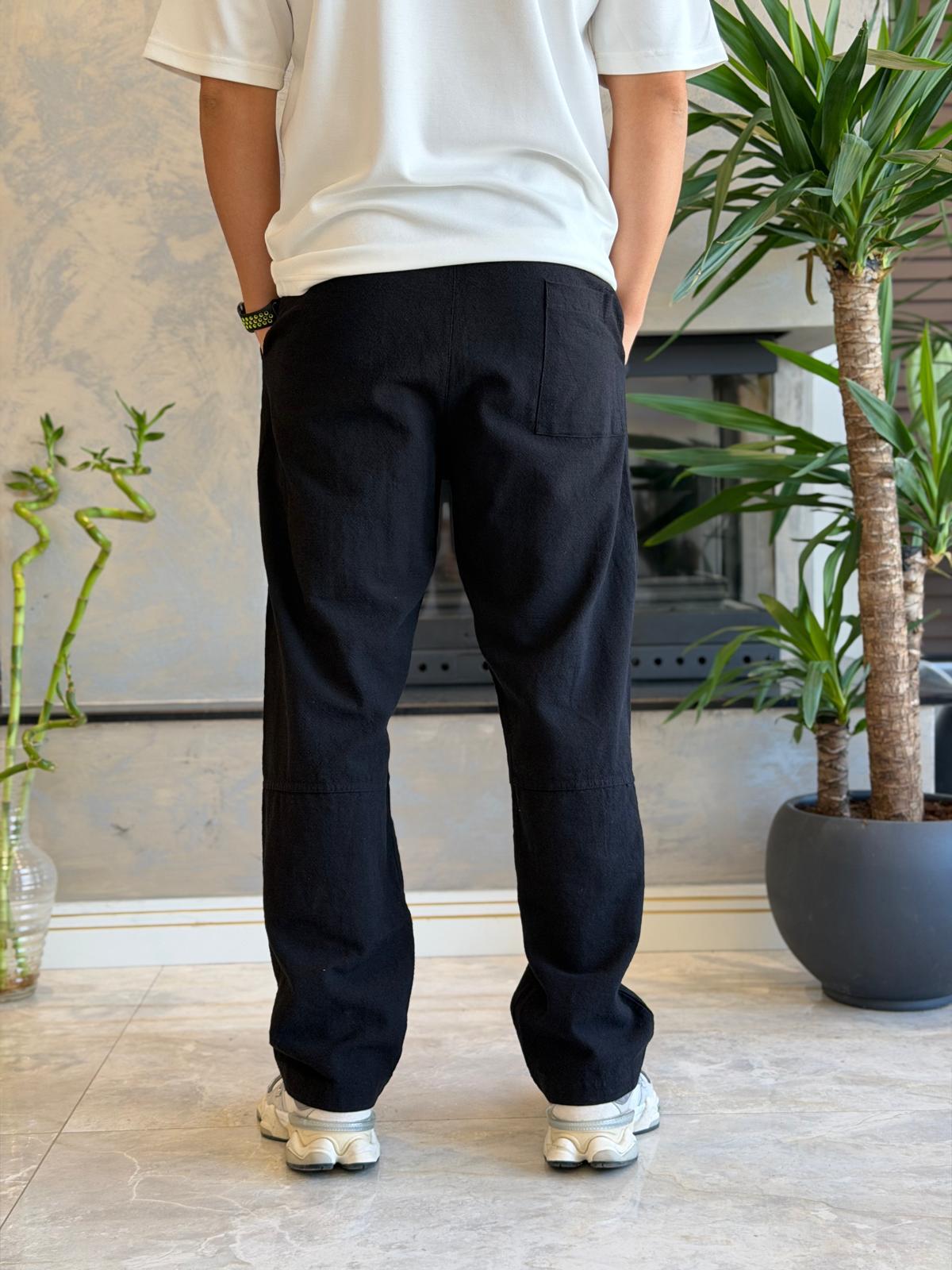 Erkek Relaxed Fit Beli Lastik ve Bağcıklı Keten Pantolon Siyah Eca062