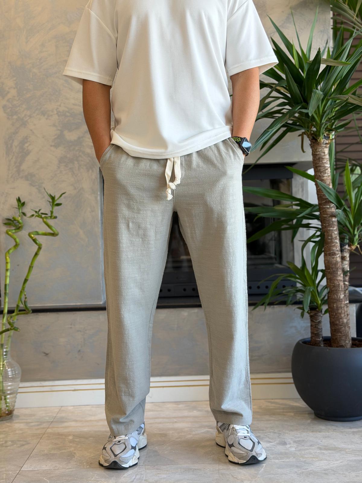 Erkek Relaxed Fit Beli Lastik ve Bağcıklı Keten Pantolon Haki Eca062