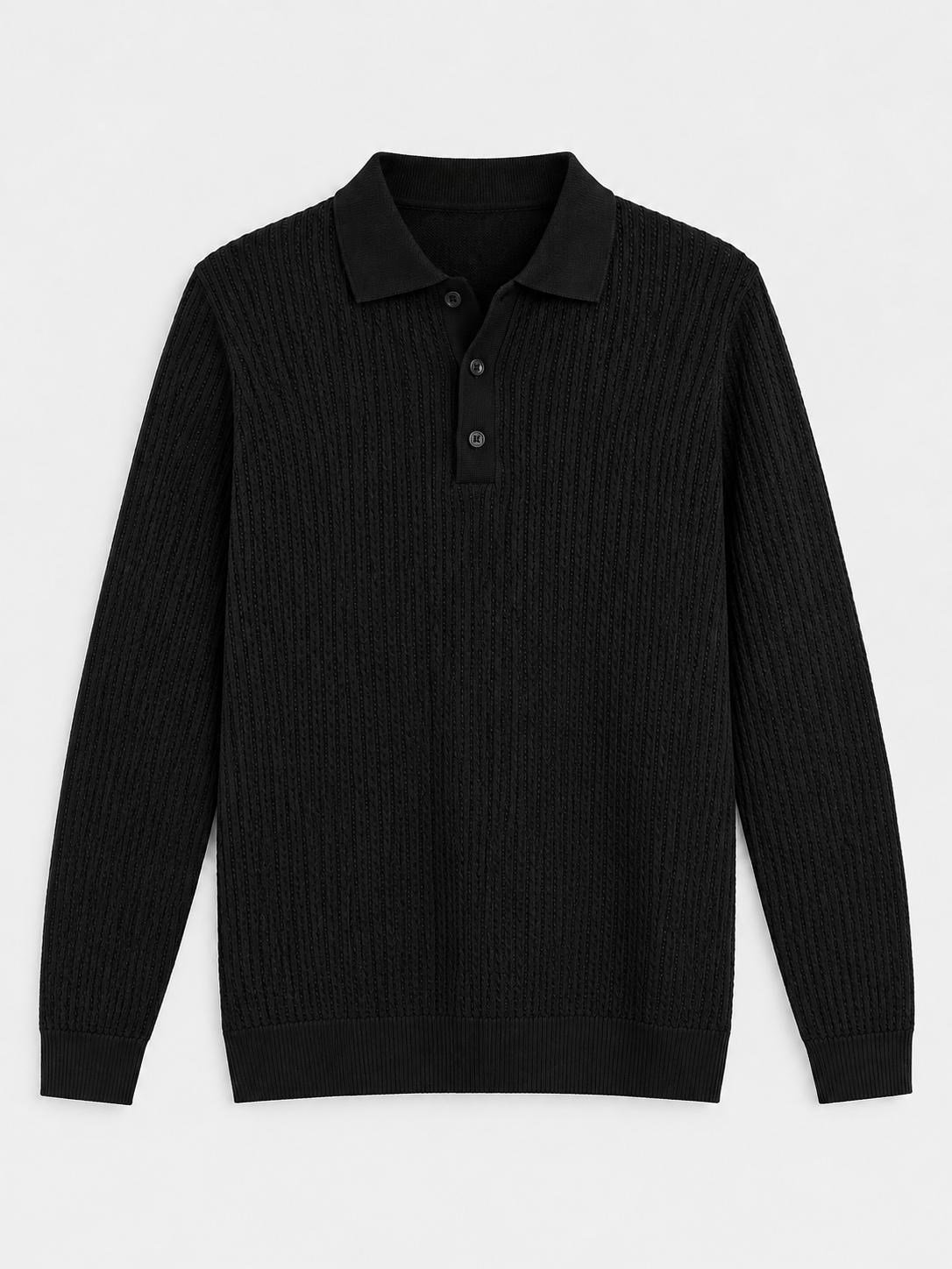 Erkek Relaxed Fit Düğme Kapama Polo Kazak Siyah Eca090