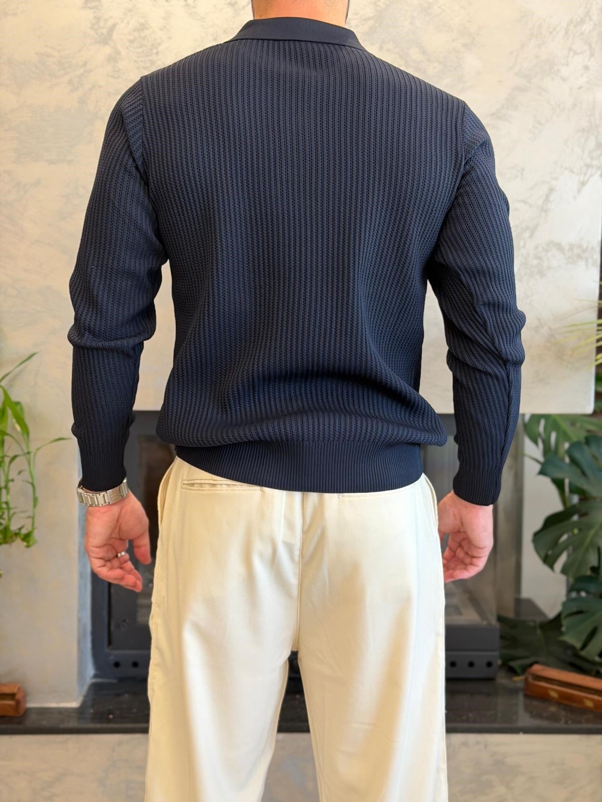 Erkek Relaxed Fit Düğme Kapama Polo Kazak Lacivert Eca090