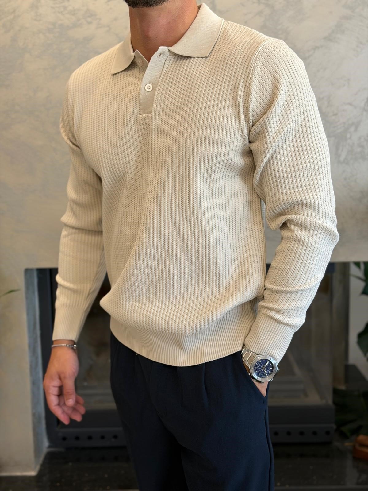 Erkek Relaxed Fit Düğme Kapama Polo Kazak Bej Eca090