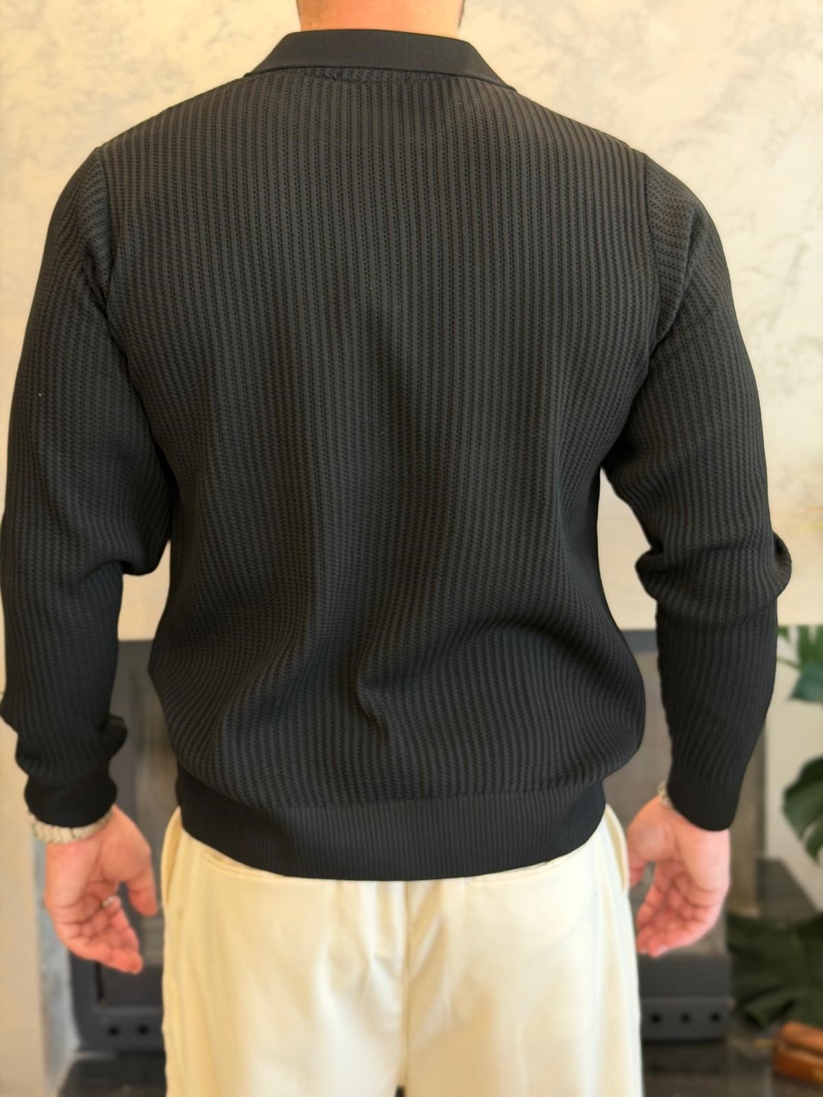 Erkek Relaxed Fit Düğme Kapama Polo Kazak Siyah Eca090