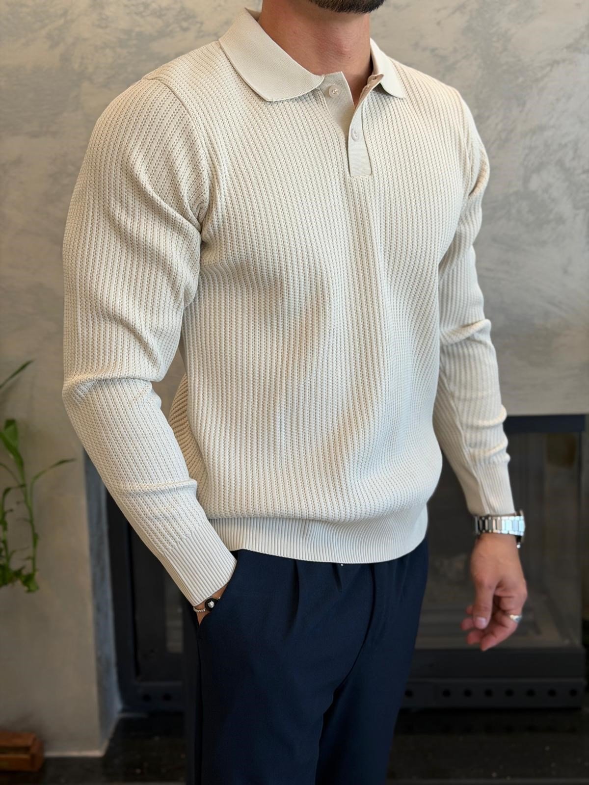 Erkek Relaxed Fit Düğme Kapama Polo Kazak Bej Eca090