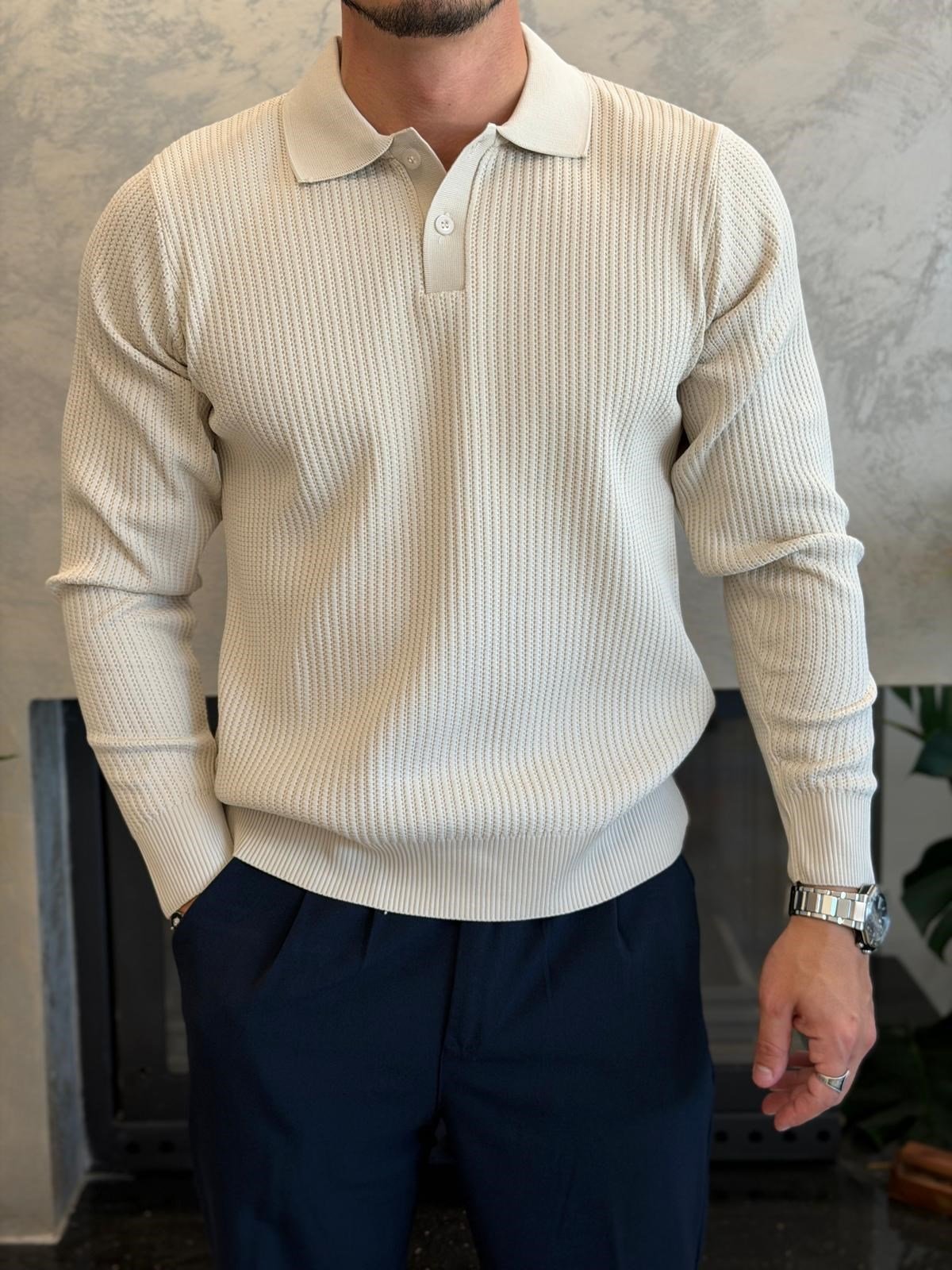 Erkek Relaxed Fit Düğme Kapama Polo Kazak Bej Eca090