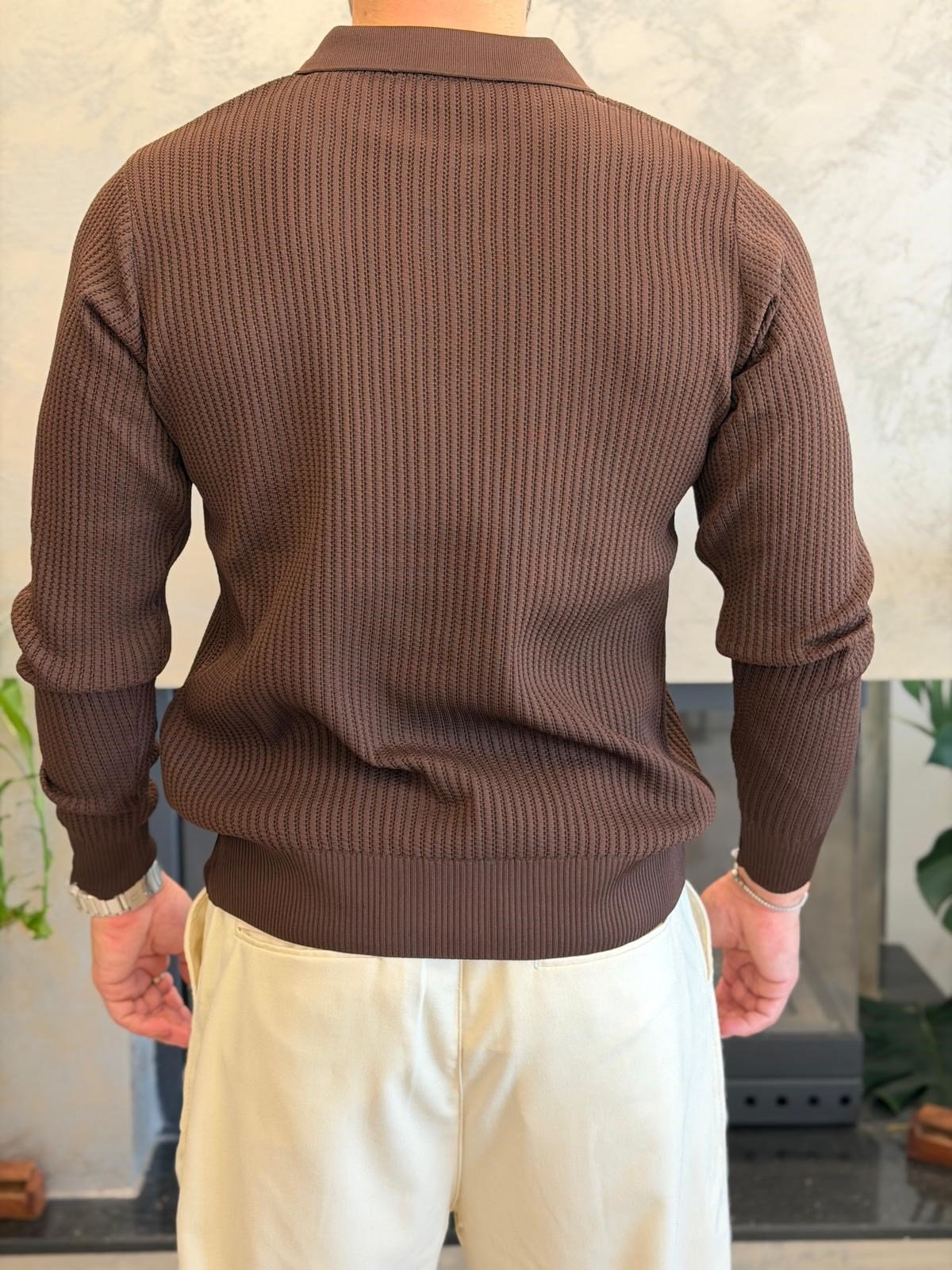 Erkek Relaxed Fit Düğme Kapama Polo Kazak Acı Kahve Eca090