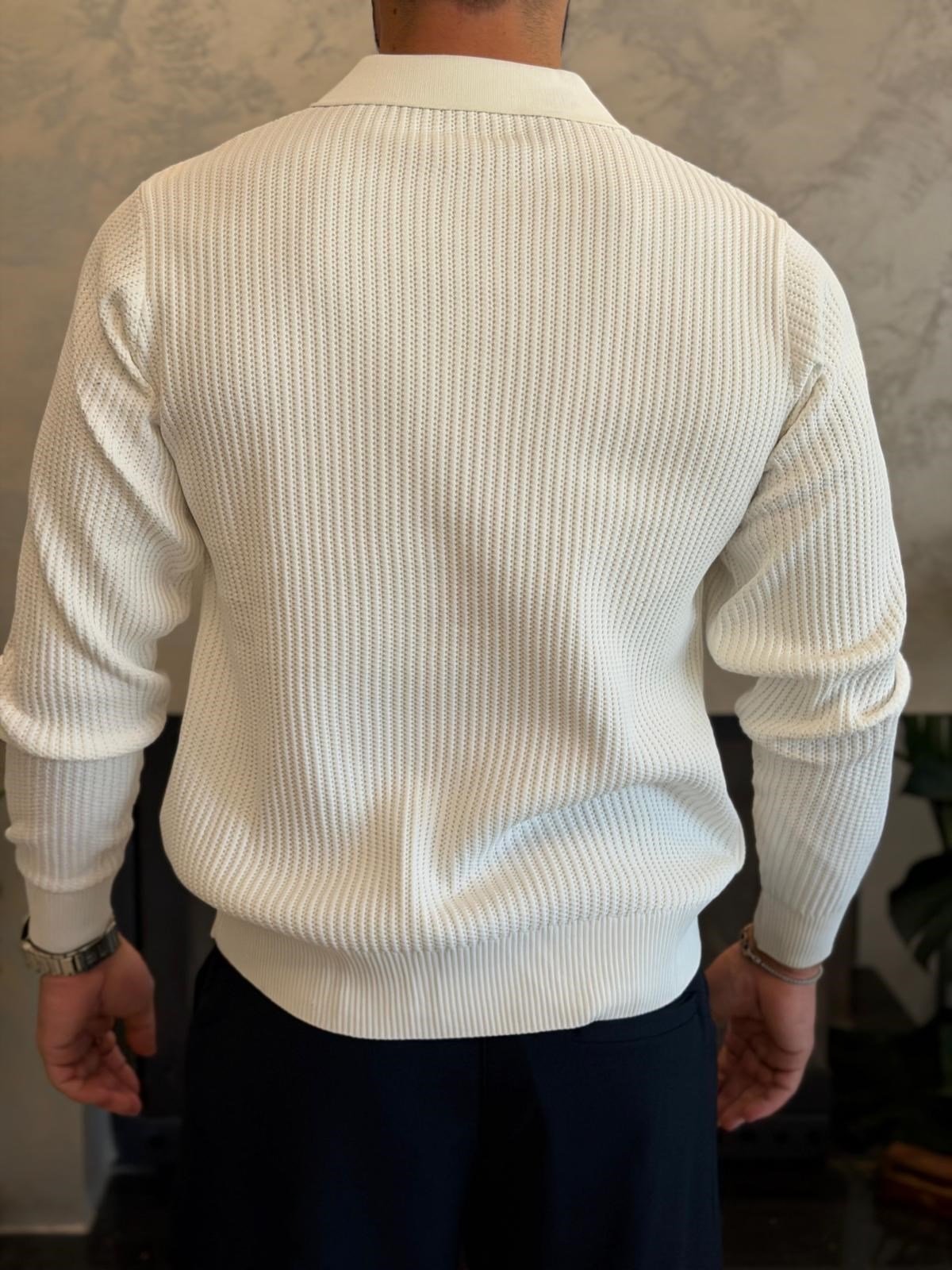 Erkek Relaxed Fit Düğme Kapama Polo Kazak Bej Eca090