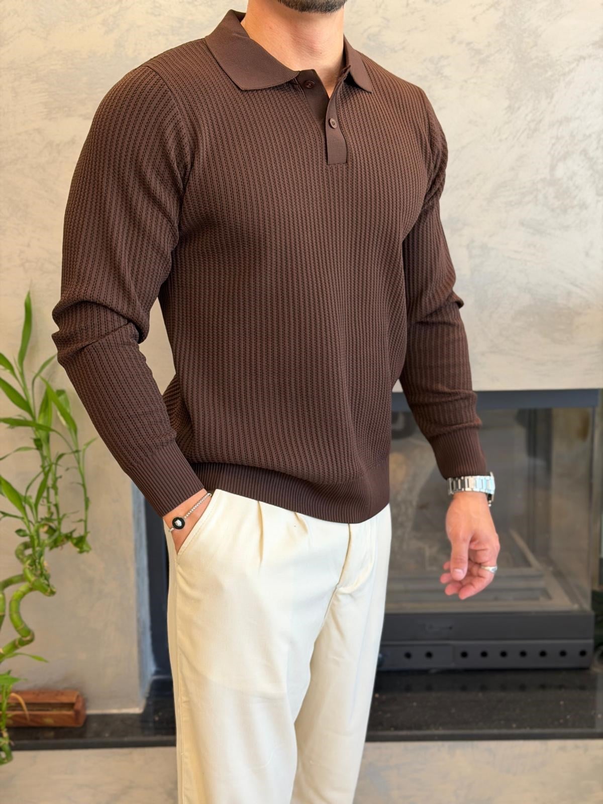 Erkek Relaxed Fit Düğme Kapama Polo Kazak Acı Kahve Eca090