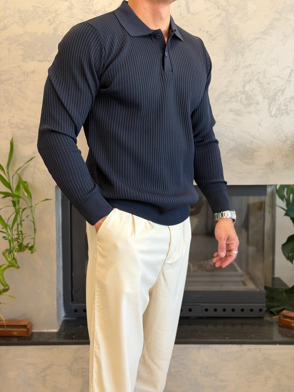 Erkek Relaxed Fit Düğme Kapama Polo Kazak Lacivert Eca090