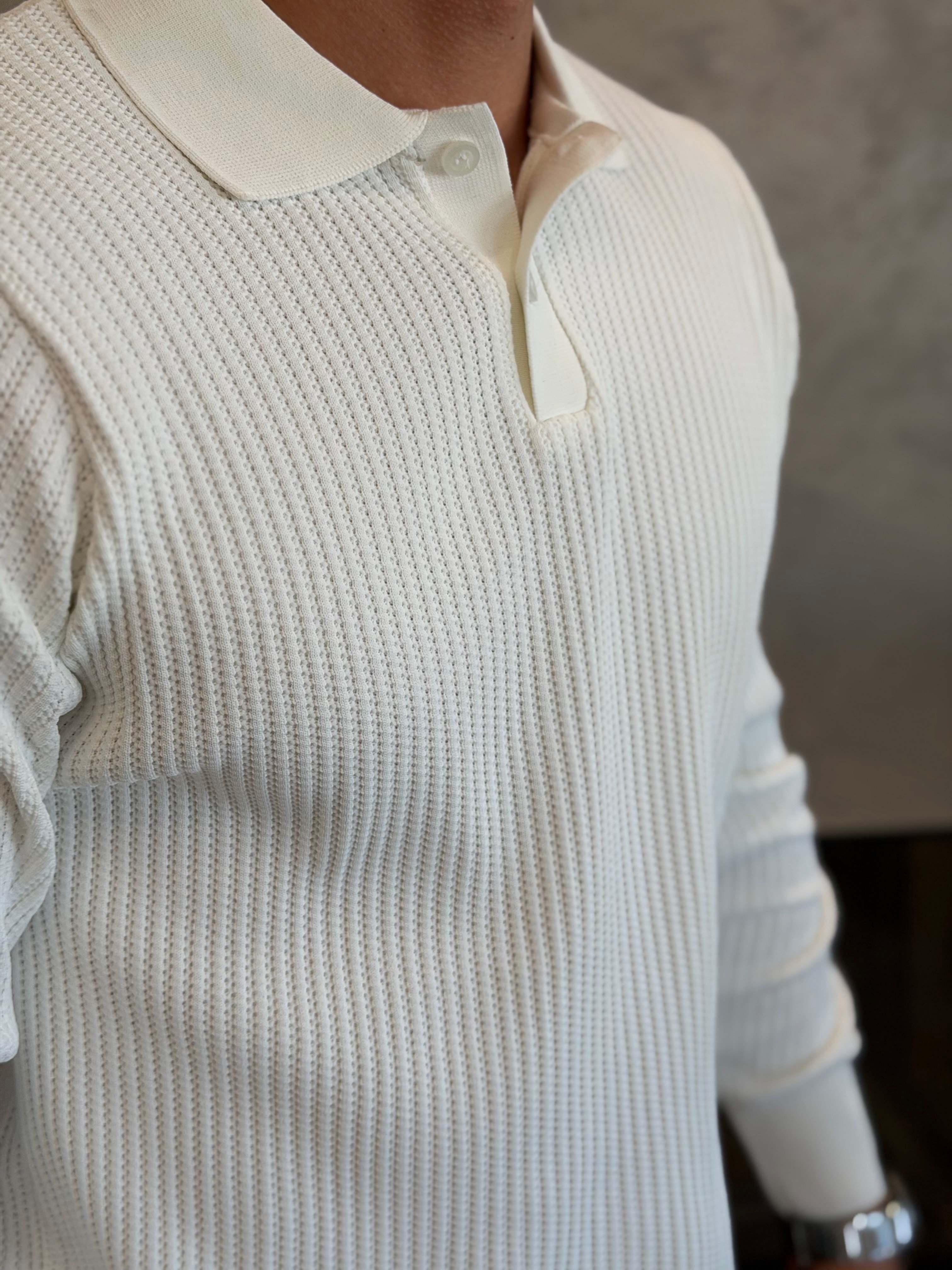 Erkek Relaxed Fit Düğme Kapama Polo Kazak Beyaz Eca090