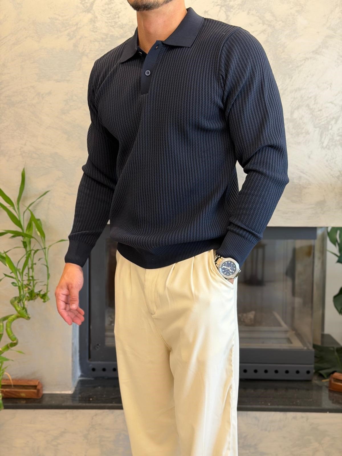 Erkek Relaxed Fit Düğme Kapama Polo Kazak Lacivert Eca090