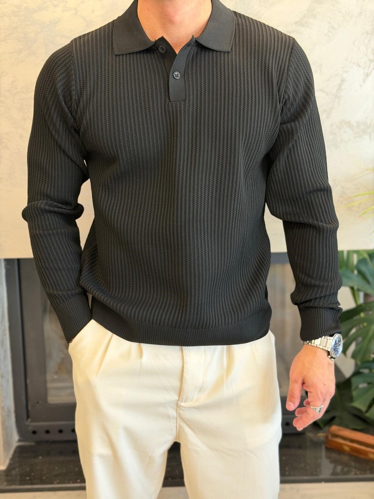 Erkek Relaxed Fit Düğme Kapama Polo Kazak Siyah Eca090