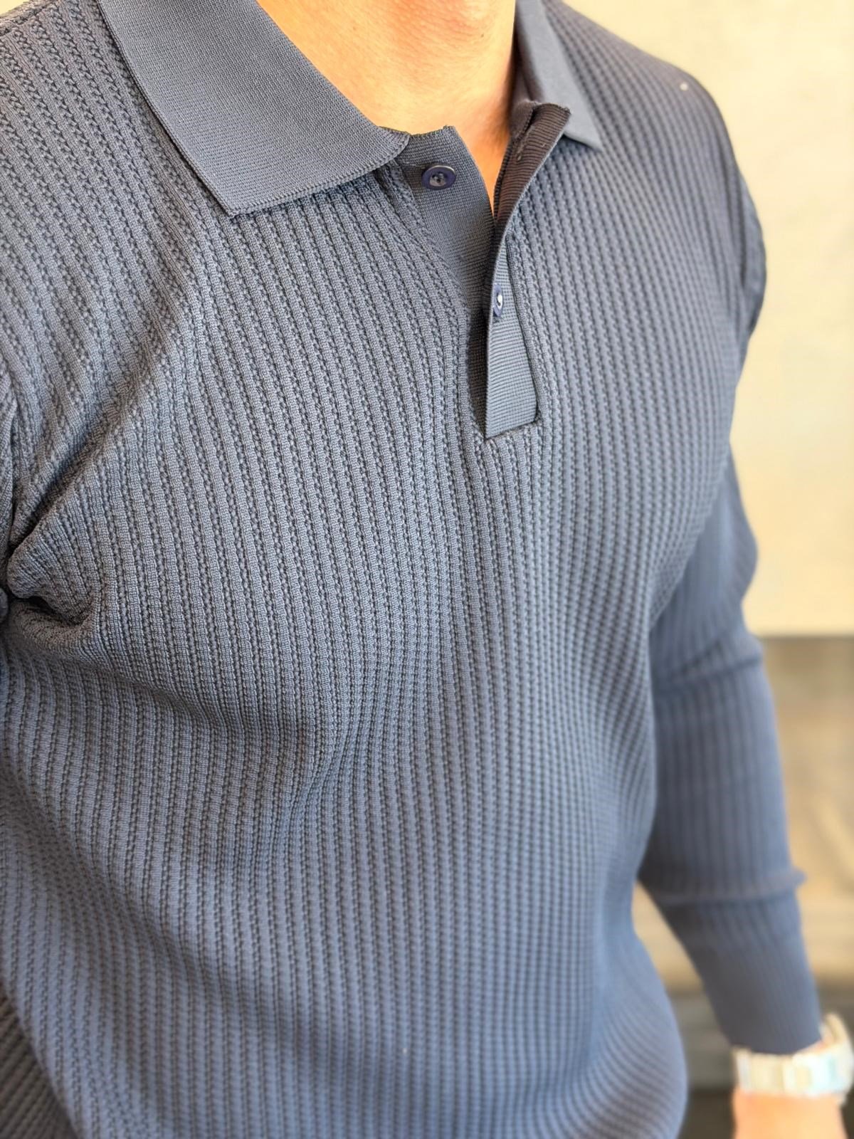 Erkek Relaxed Fit Düğme Kapama Polo Kazak Lacivert Eca090