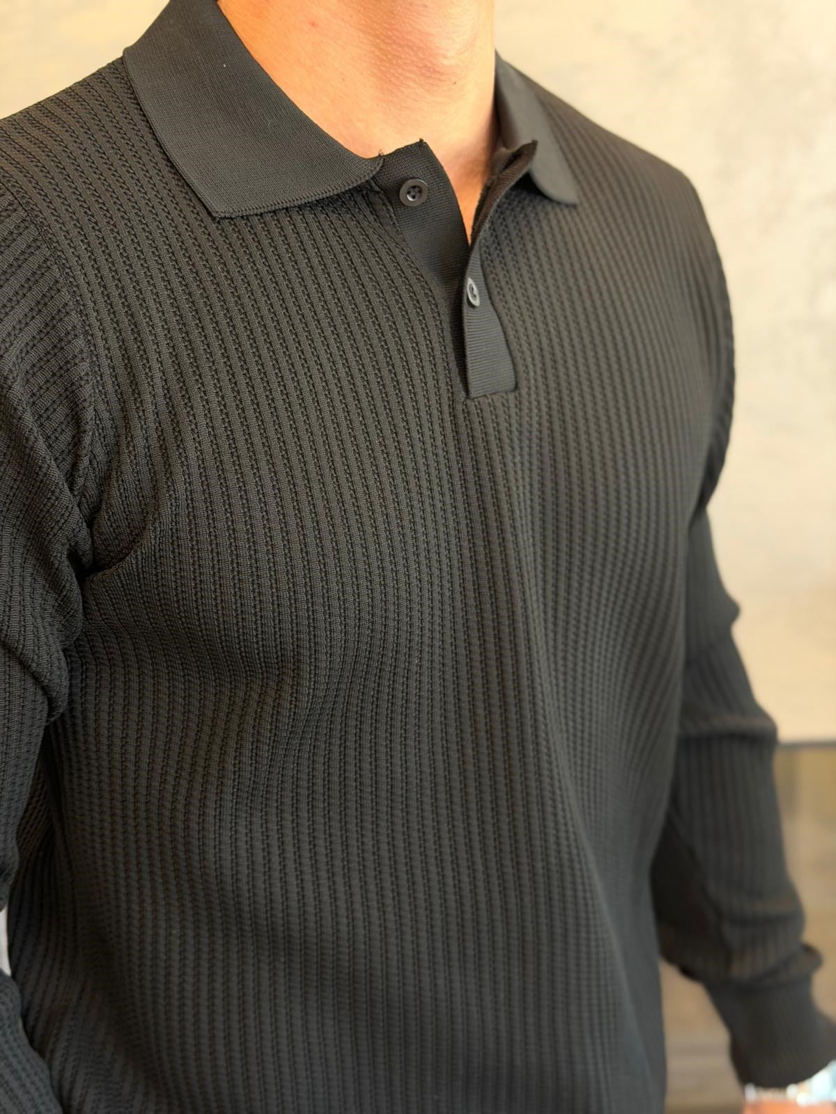 Erkek Relaxed Fit Düğme Kapama Polo Kazak Siyah Eca090