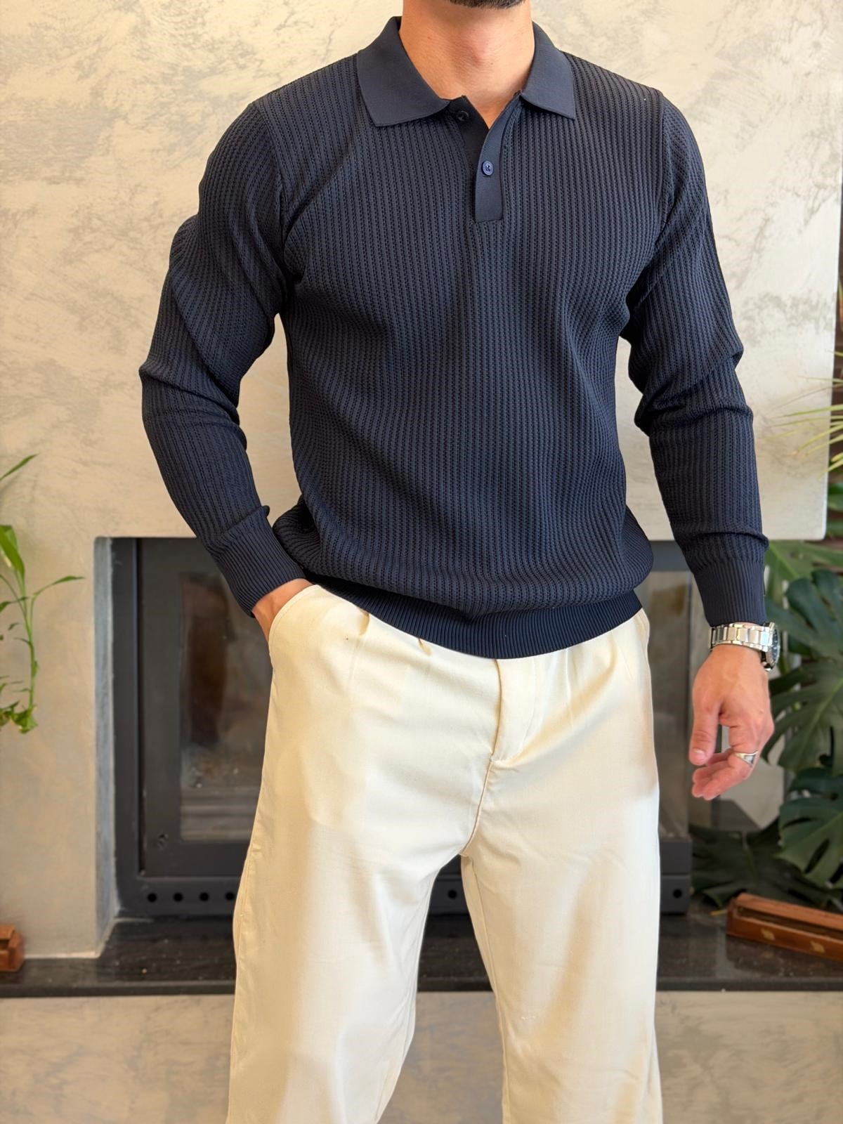 Erkek Relaxed Fit Düğme Kapama Polo Kazak Lacivert Eca090