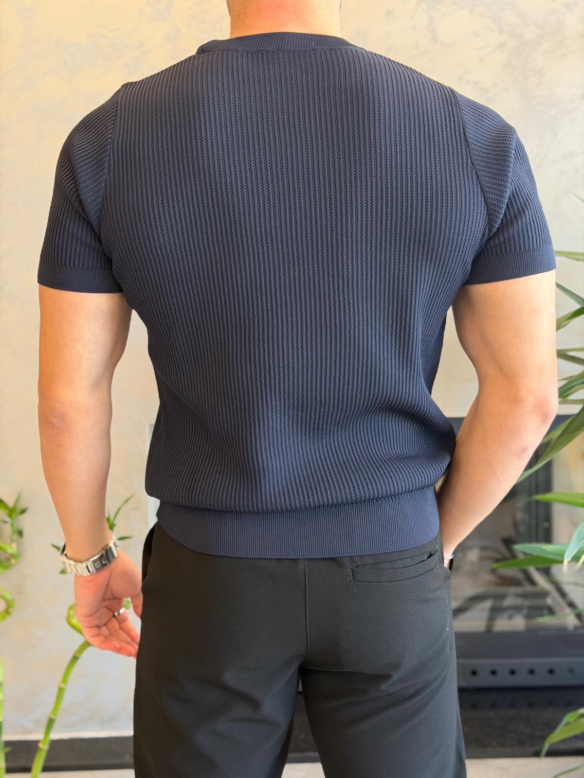 Erkek Relaxed Fit Fitilli Triko Tshirt Lacivert Eca069
