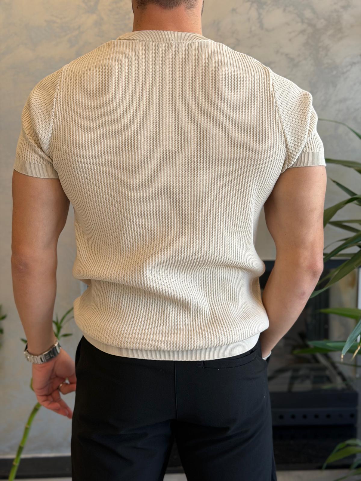 Erkek Relaxed Fit Fitilli Triko Tshirt Bej Eca069