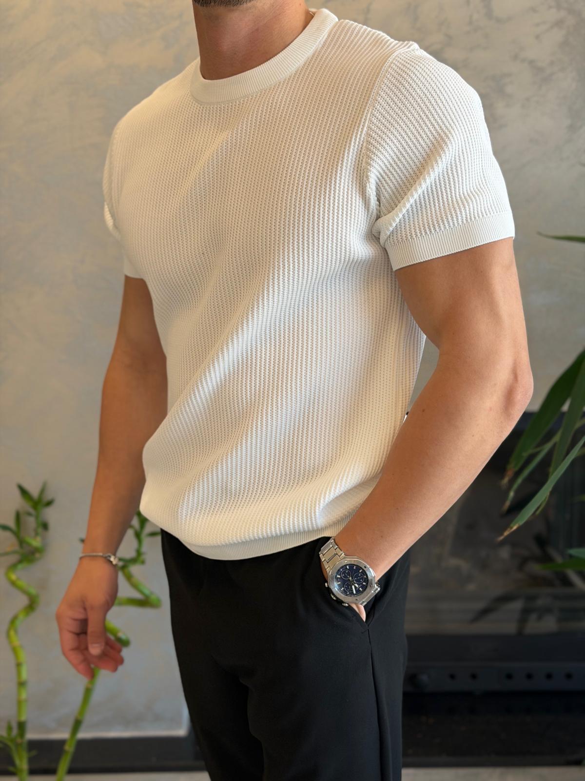 Erkek Relaxed Fit Fitilli Triko Tshirt Beyaz Eca069