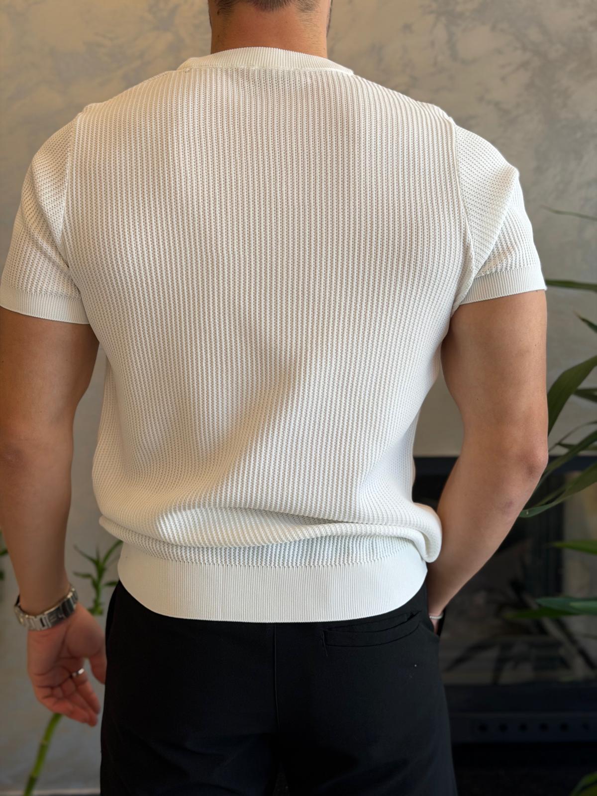 Erkek Relaxed Fit Fitilli Triko Tshirt Beyaz Eca069