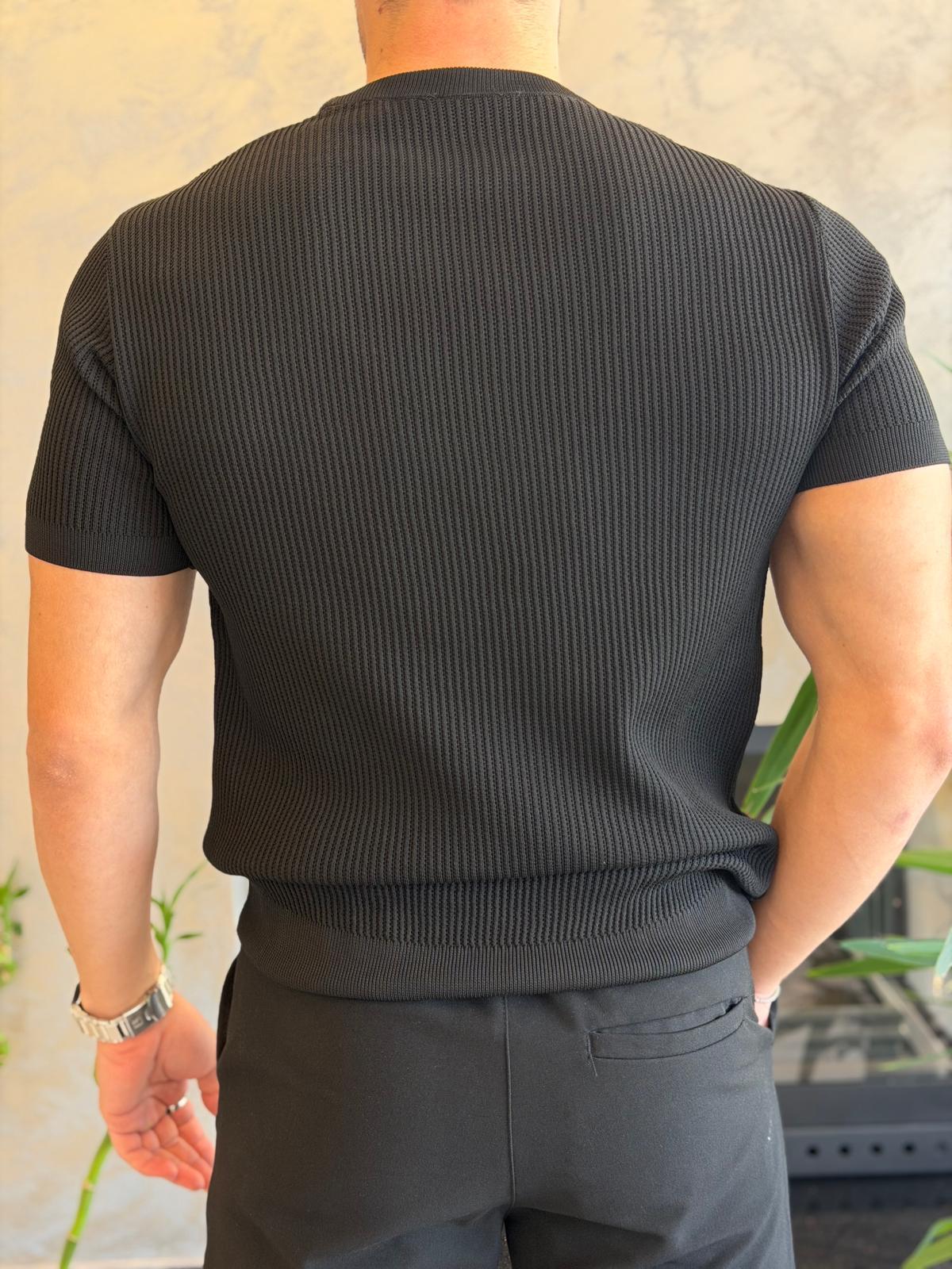 Erkek Relaxed Fit Fitilli Triko Tshirt Siyah Eca069