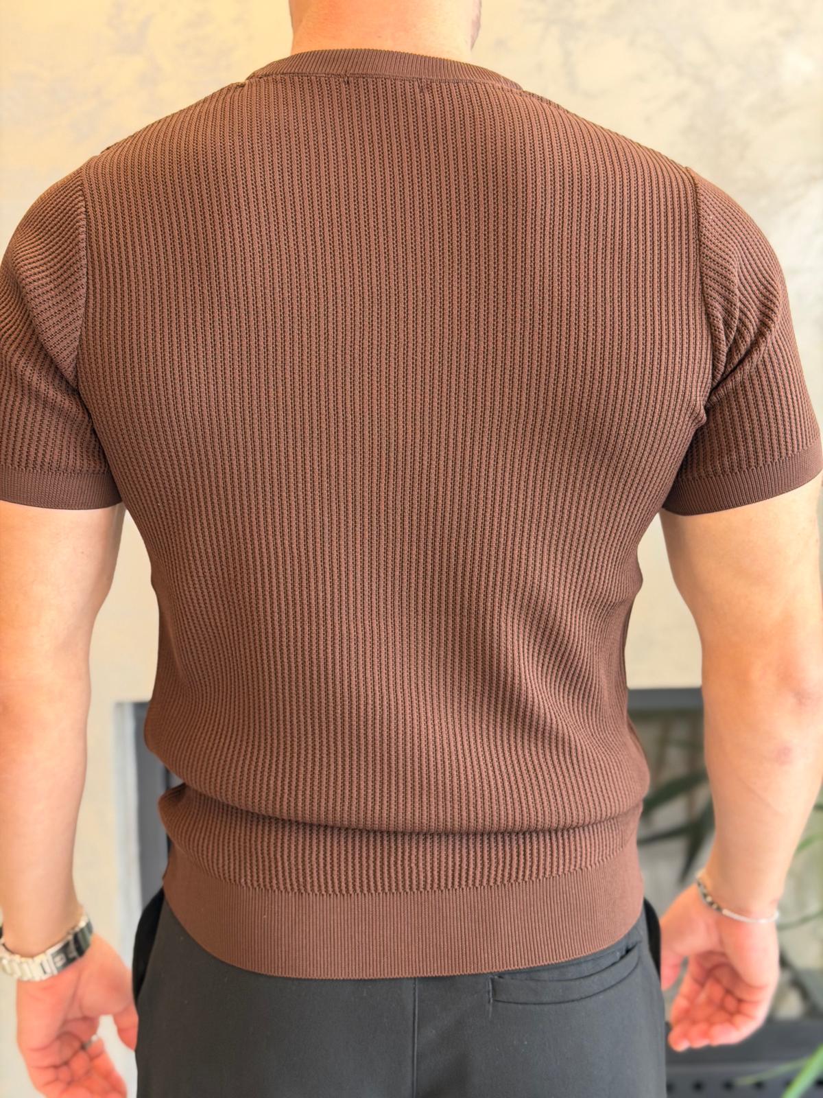 Erkek Relaxed Fit Fitilli Triko Tshirt Acı Kahve Eca069