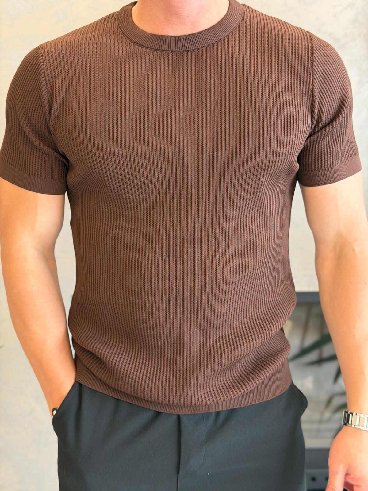 Erkek Relaxed Fit Fitilli Triko Tshirt Acı Kahve Eca069