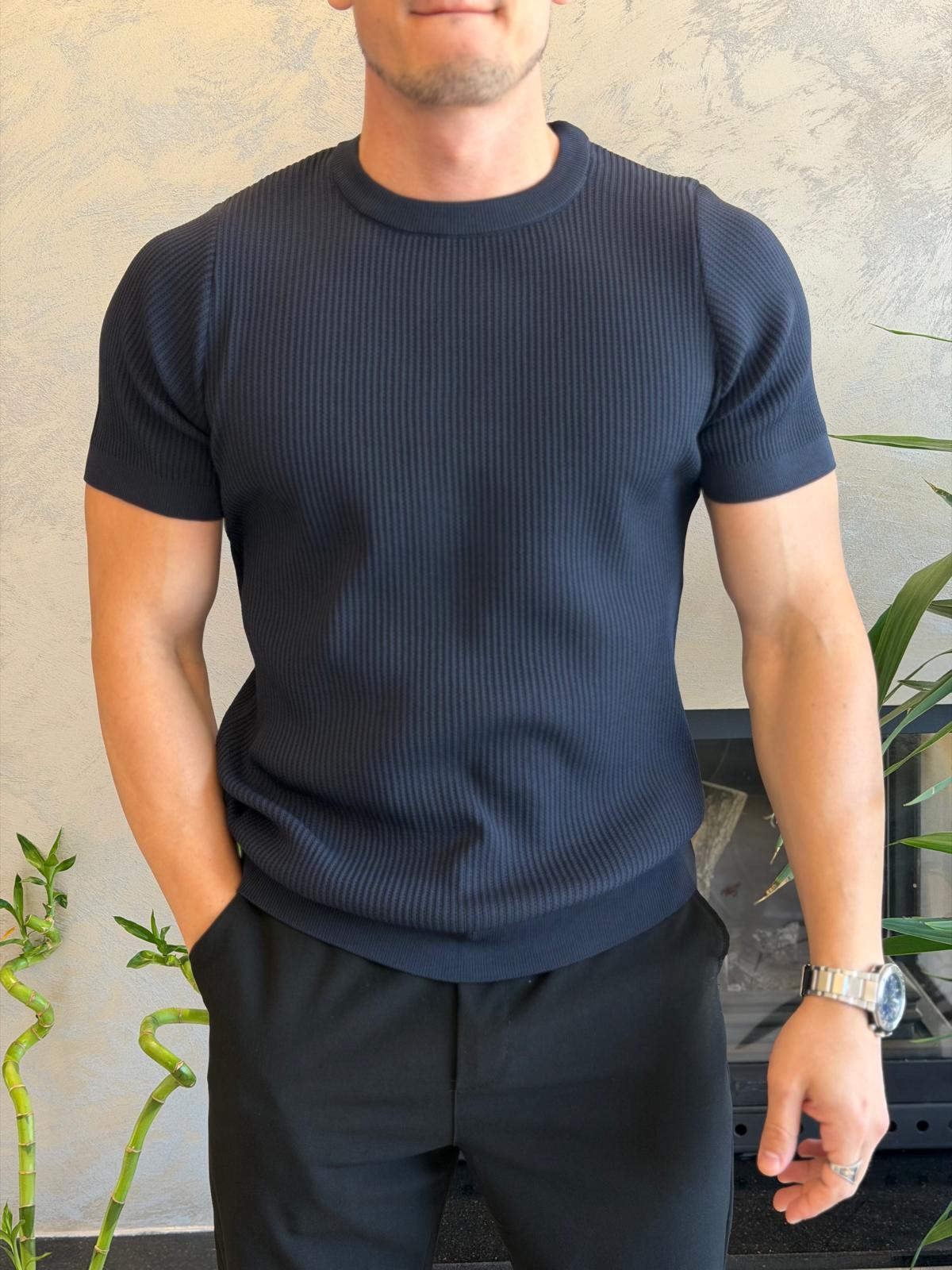 Erkek Relaxed Fit Fitilli Triko Tshirt Lacivert Eca069