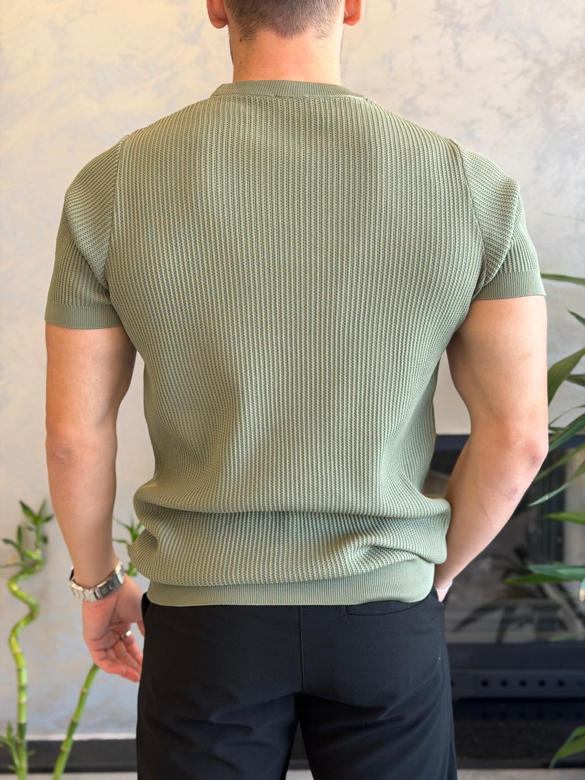 Erkek Relaxed Fit Fitilli Triko Tshirt Haki Eca069