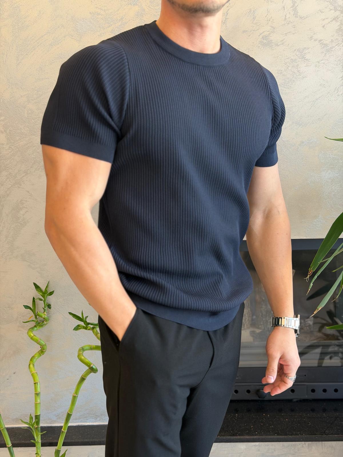 Erkek Relaxed Fit Fitilli Triko Tshirt Lacivert Eca069
