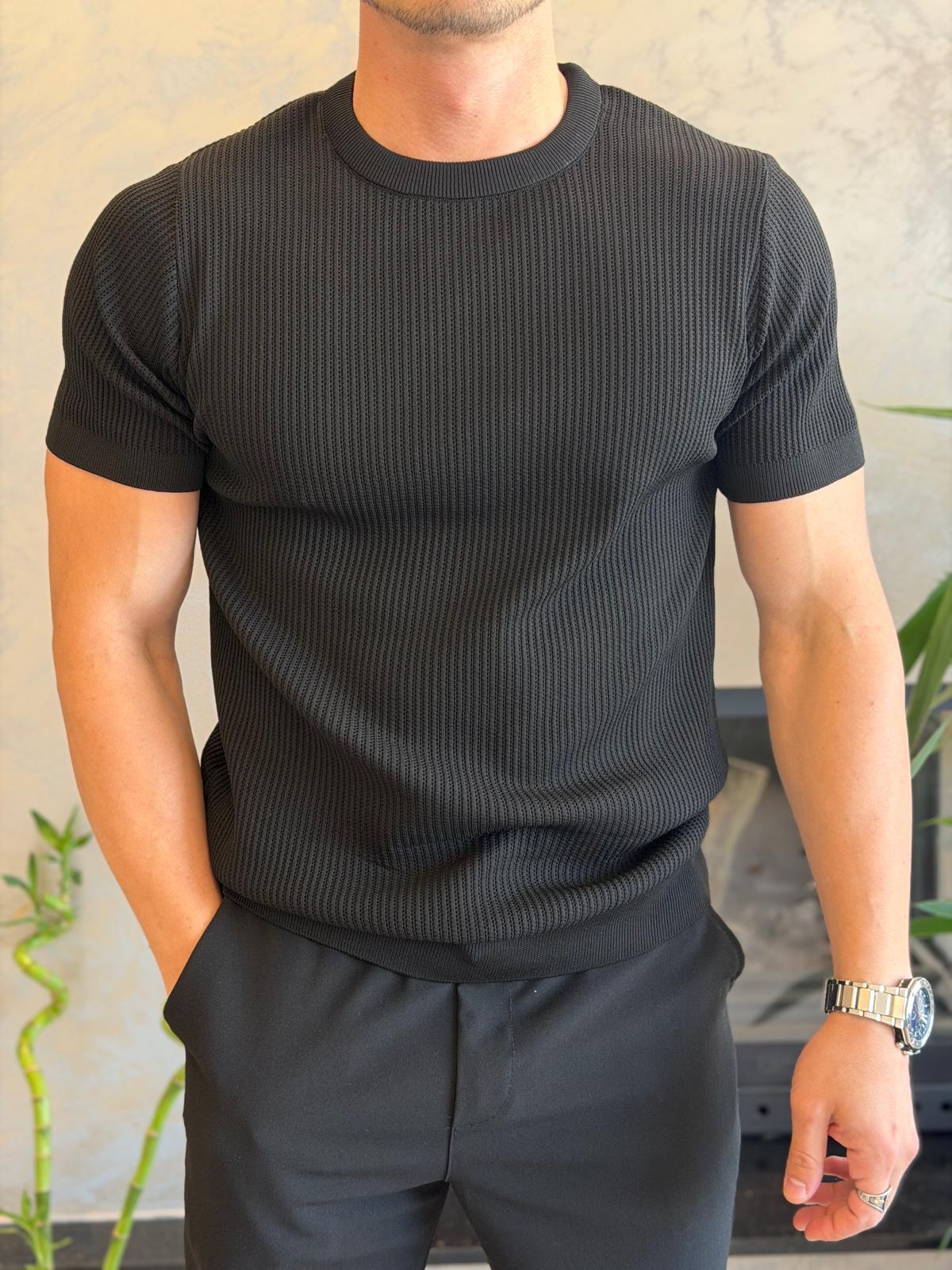Erkek Relaxed Fit Fitilli Triko Tshirt Siyah Eca069