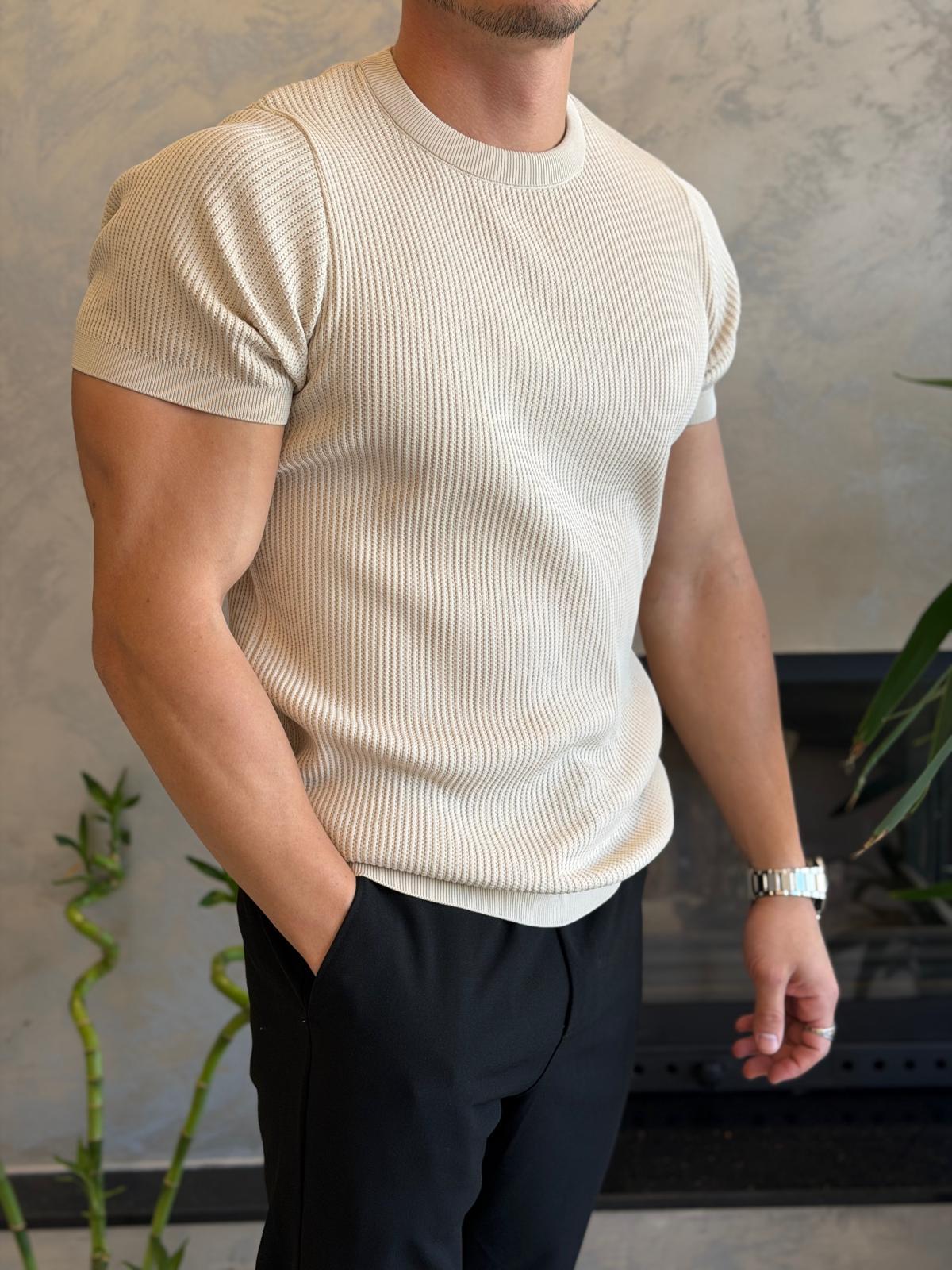 Erkek Relaxed Fit Fitilli Triko Tshirt Bej Eca069