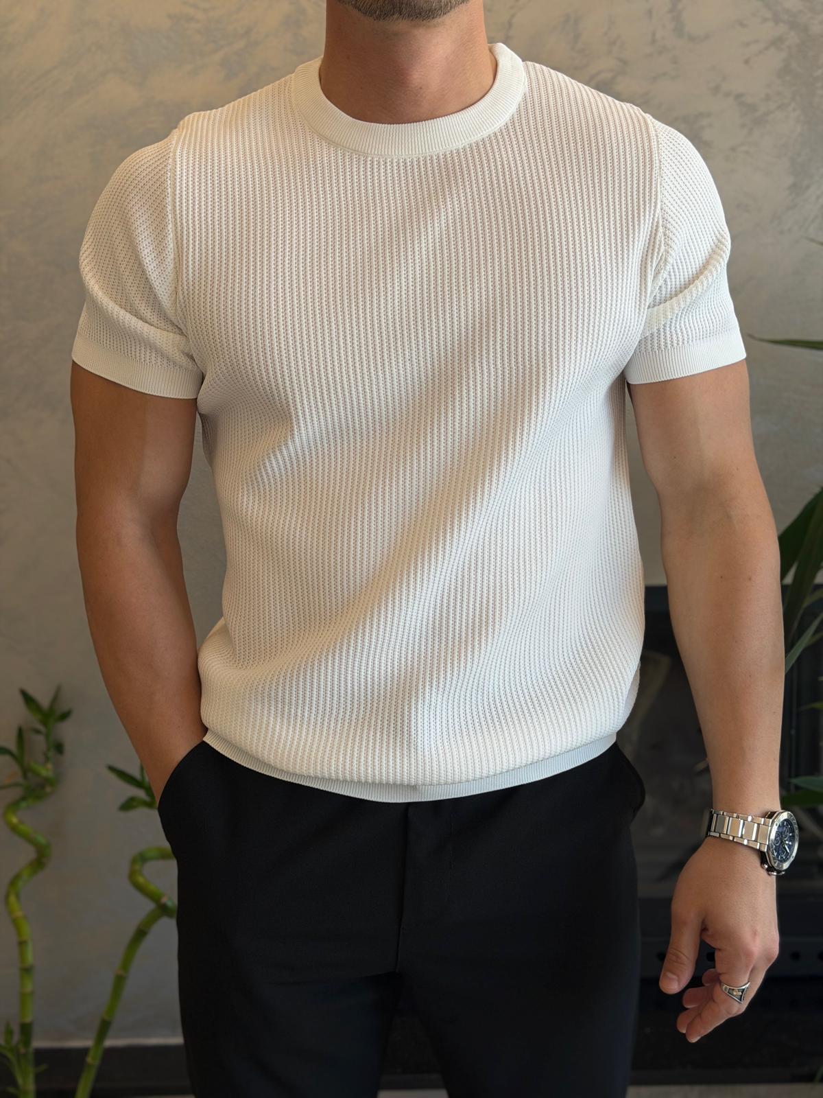 Erkek Relaxed Fit Fitilli Triko Tshirt Beyaz Eca069