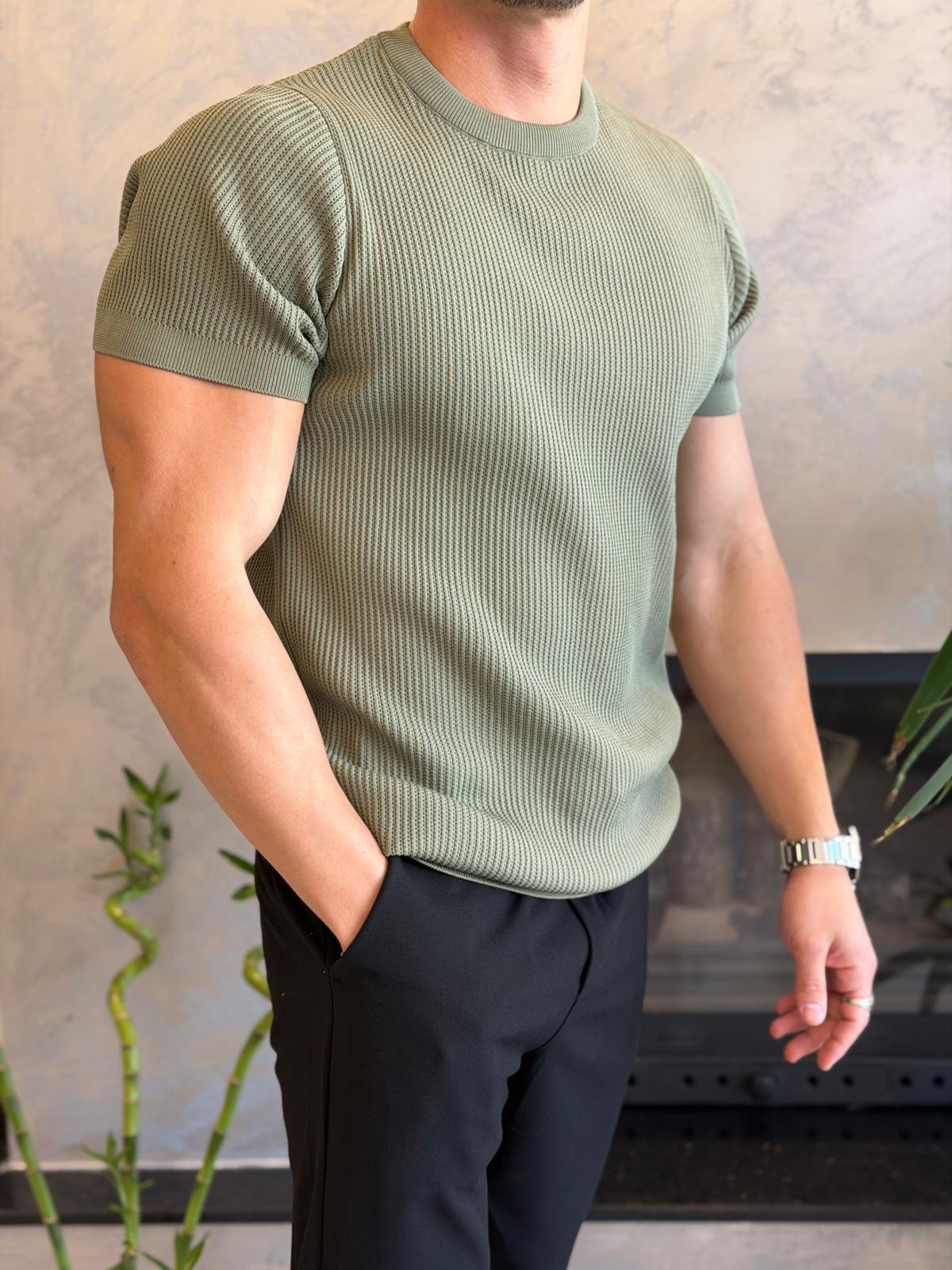 Erkek Relaxed Fit Fitilli Triko Tshirt Haki Eca069