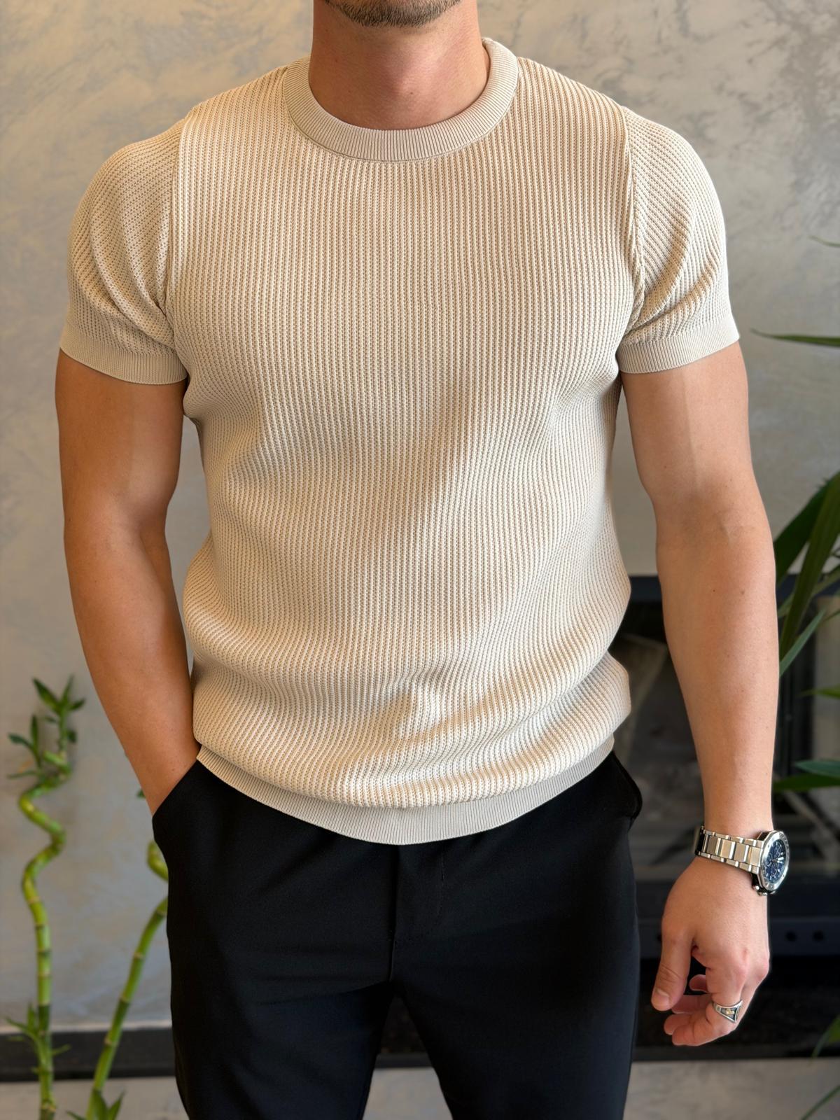 Erkek Relaxed Fit Fitilli Triko Tshirt Bej Eca069