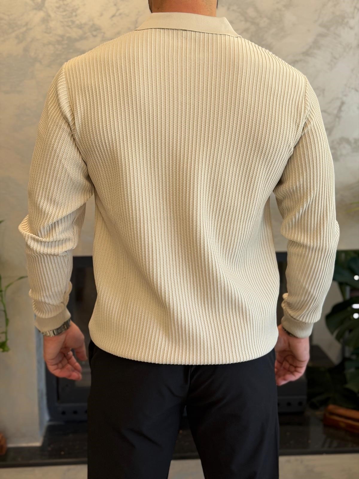 Erkek Relaxed Fit  Kapamasız Polo Kazak Bej Eca092