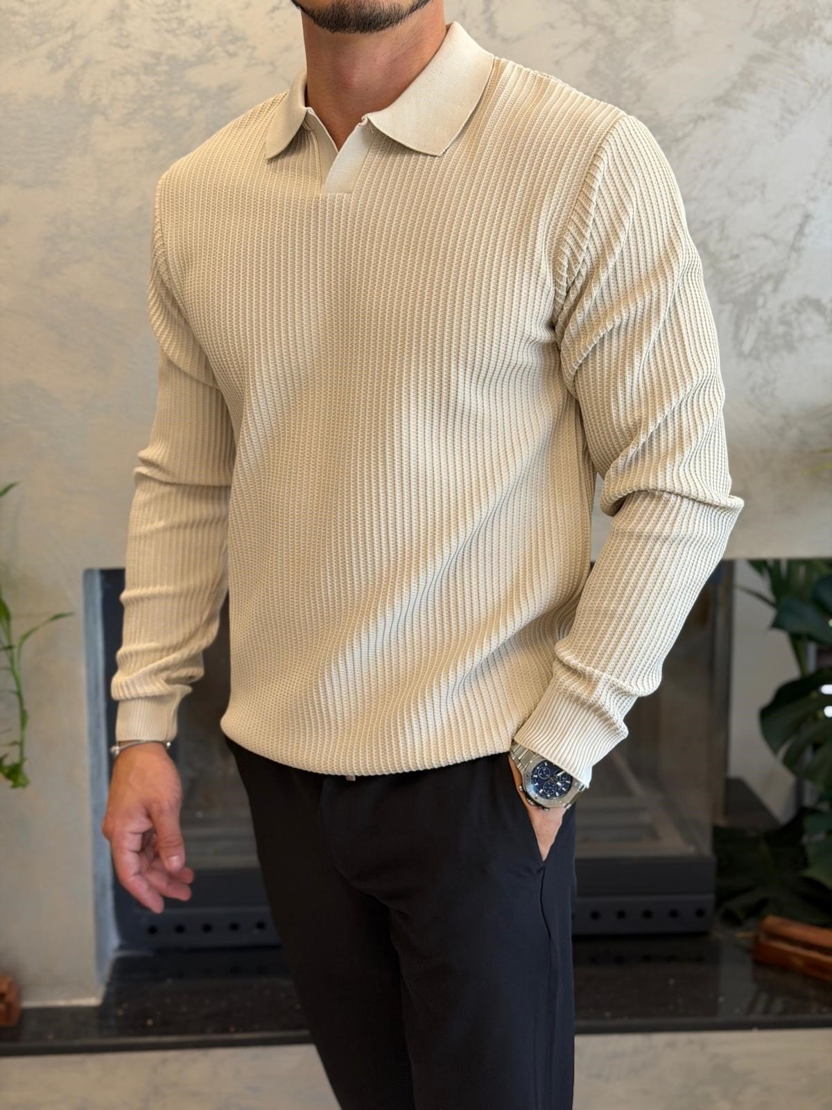 Erkek Relaxed Fit  Kapamasız Polo Kazak Bej Eca092